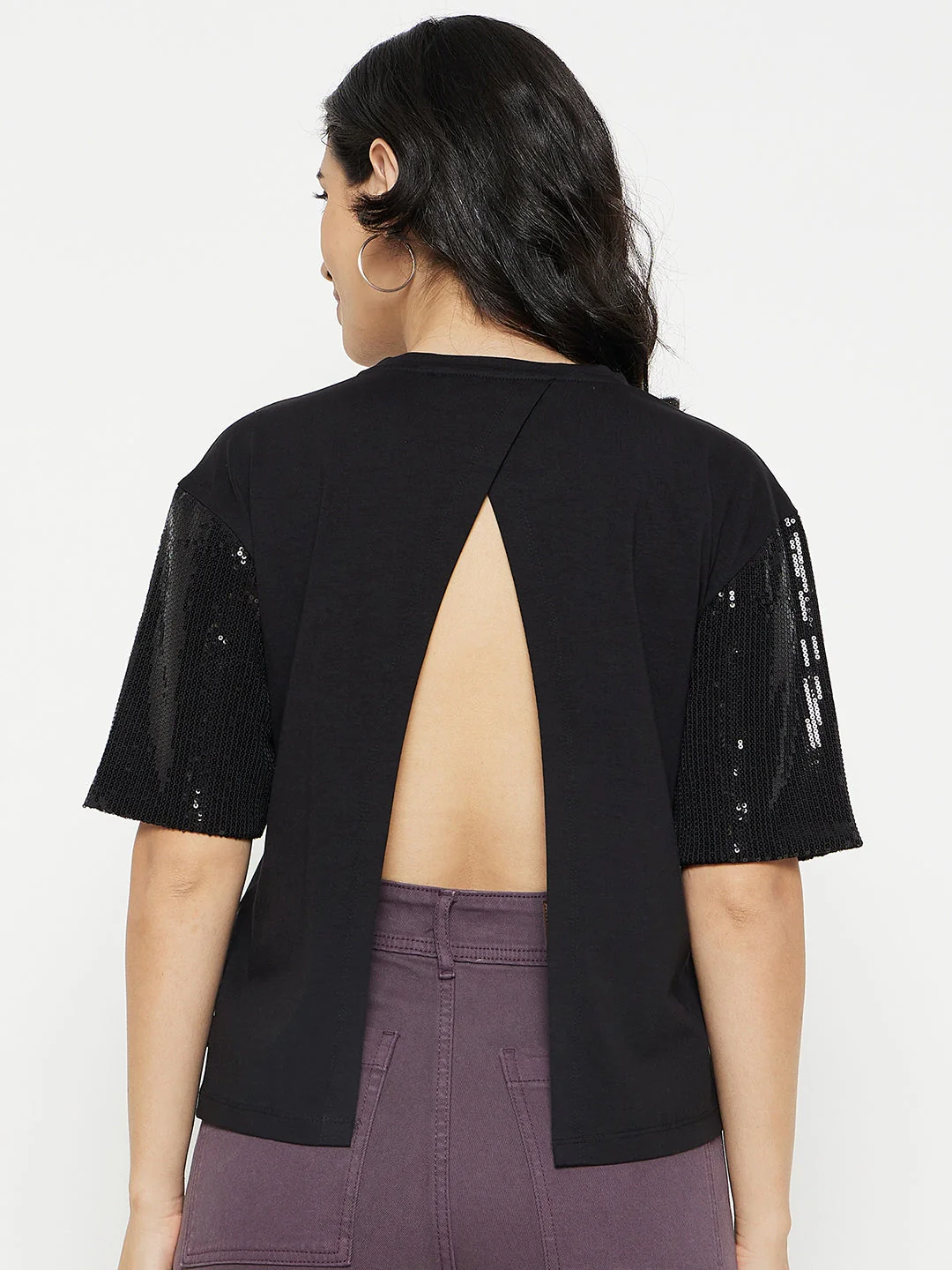 Madame Black Sequin Sleeve Open Back Top - Image 5