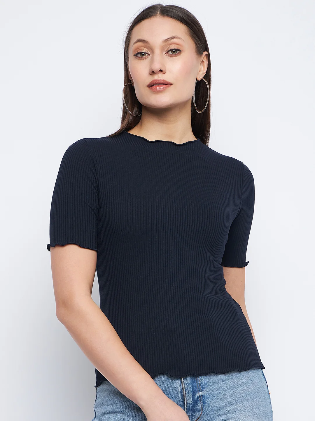 Madame Solid Navy Blue Lettuce Hem Top - Image 3