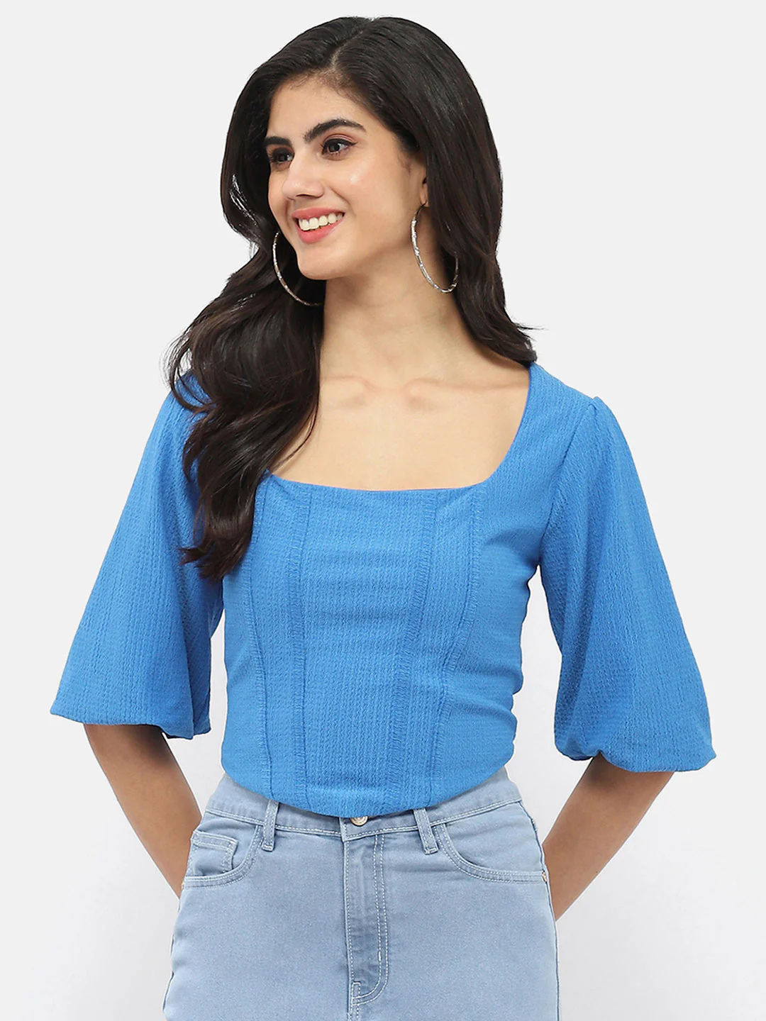 Madame Corset Inspired Royal Blue Puff Sleeve Top - Image 2