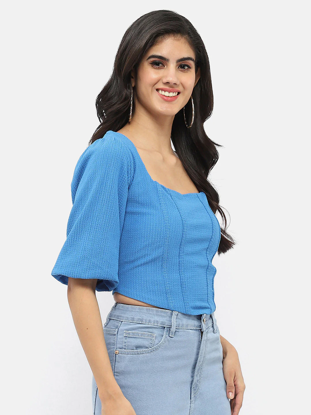 Madame Corset Inspired Royal Blue Puff Sleeve Top - Image 3