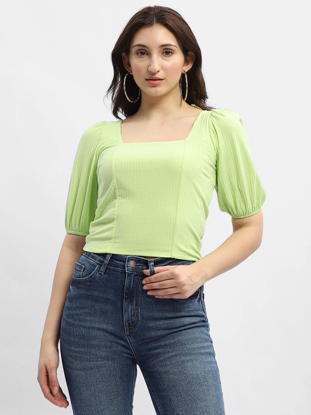 Madame Criss-Cross Back Neon Green Textured Top - Image 2