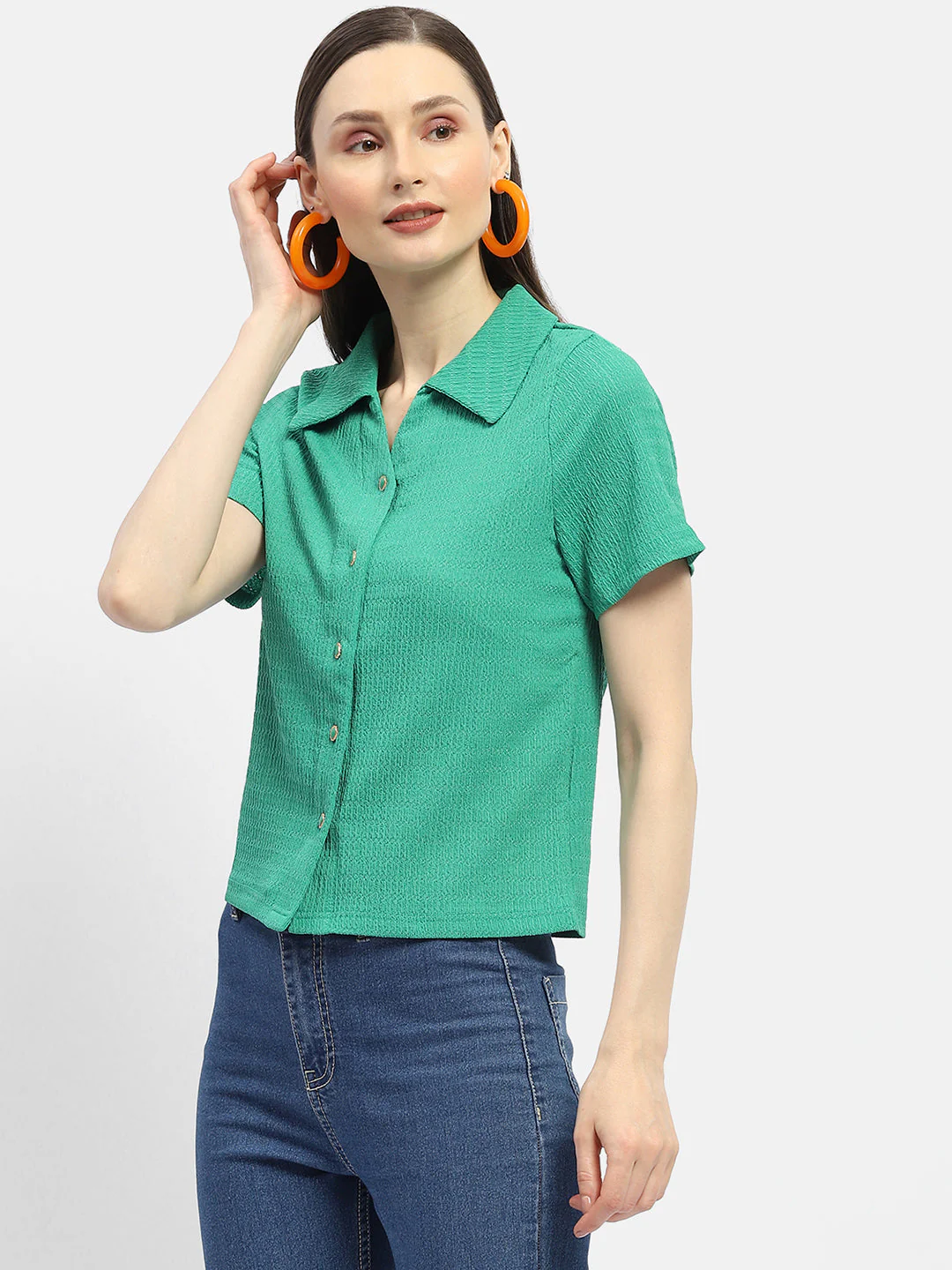 Madame Textured Green Half Sleeve Shirt - Image 5