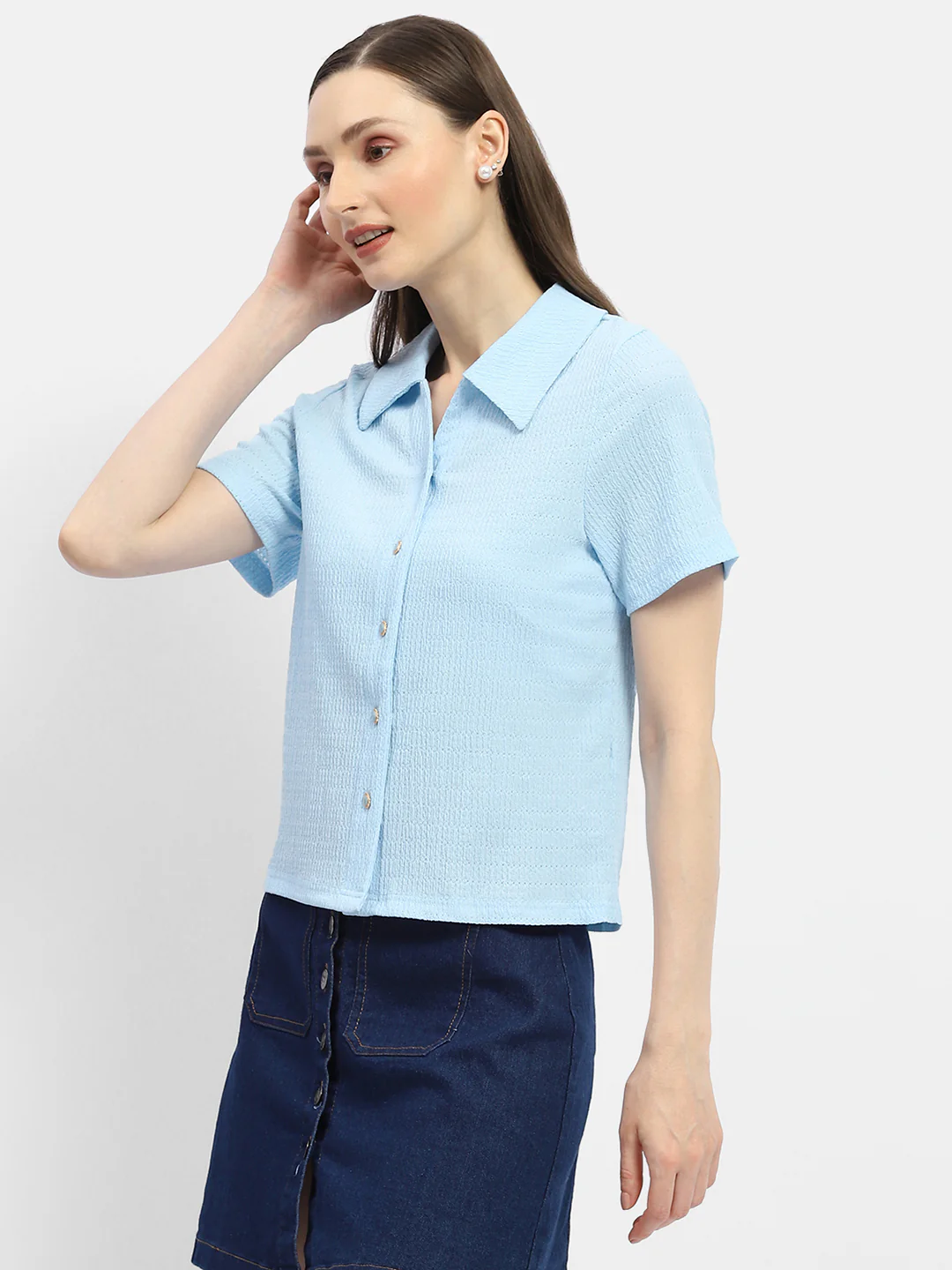 Madame Textured Sky Blue Half Sleeve Shirt - Image 5