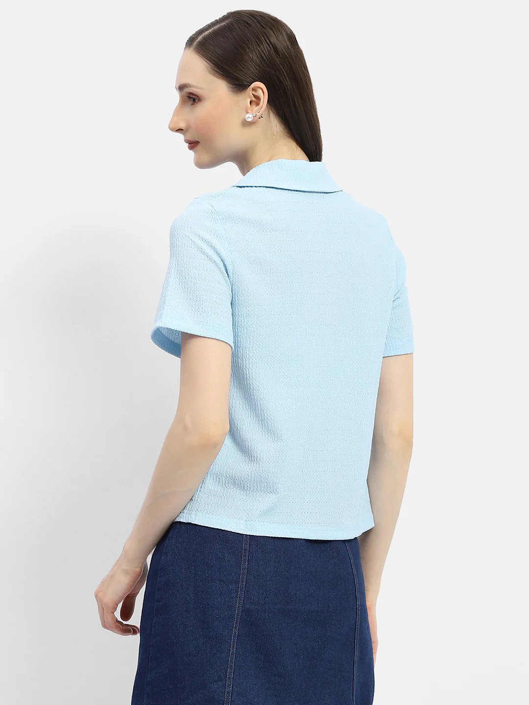 Madame Textured Sky Blue Half Sleeve Shirt - Image 6