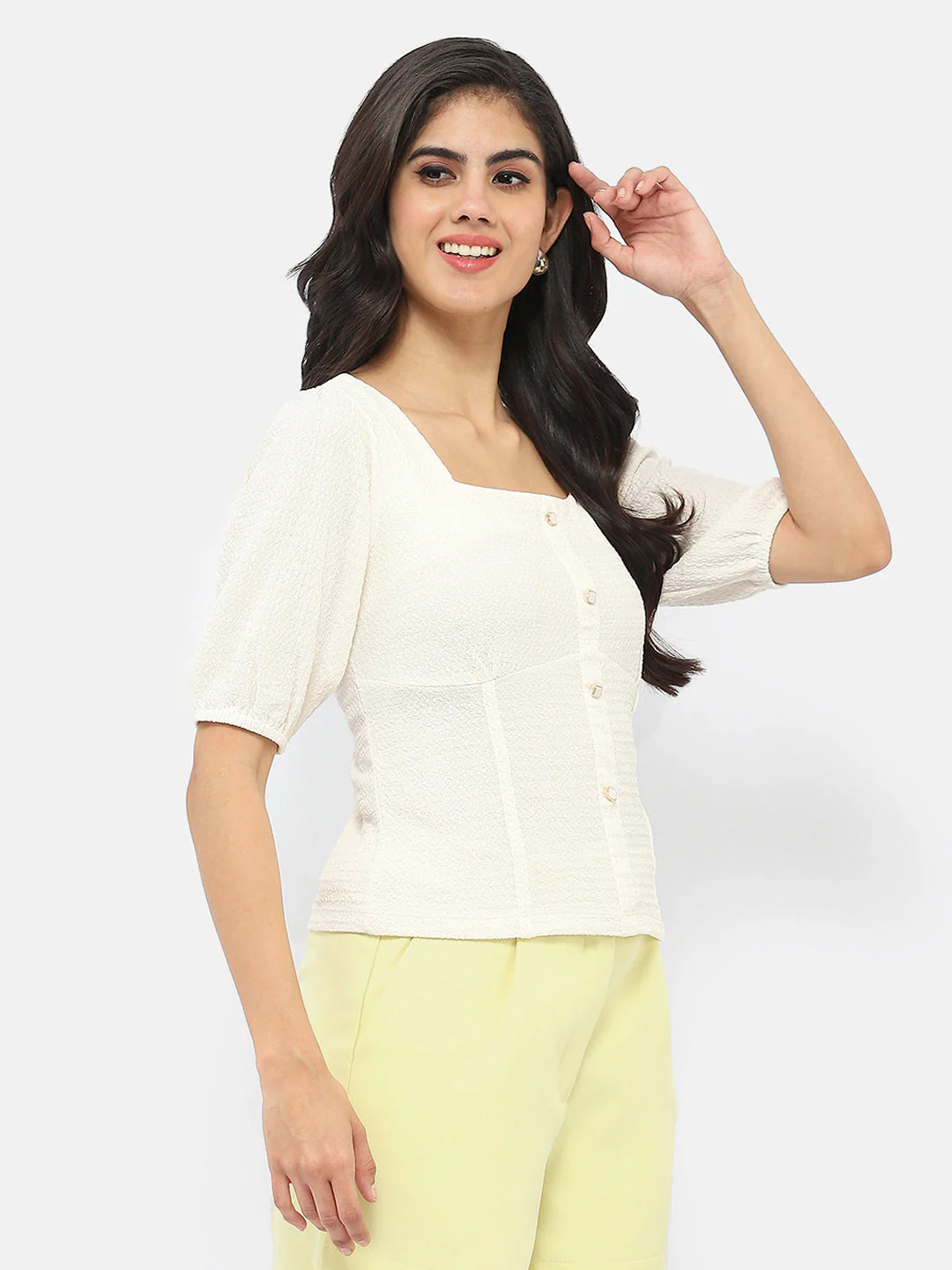 Madame Square Neck Off-White Crinkled Top - Image 5