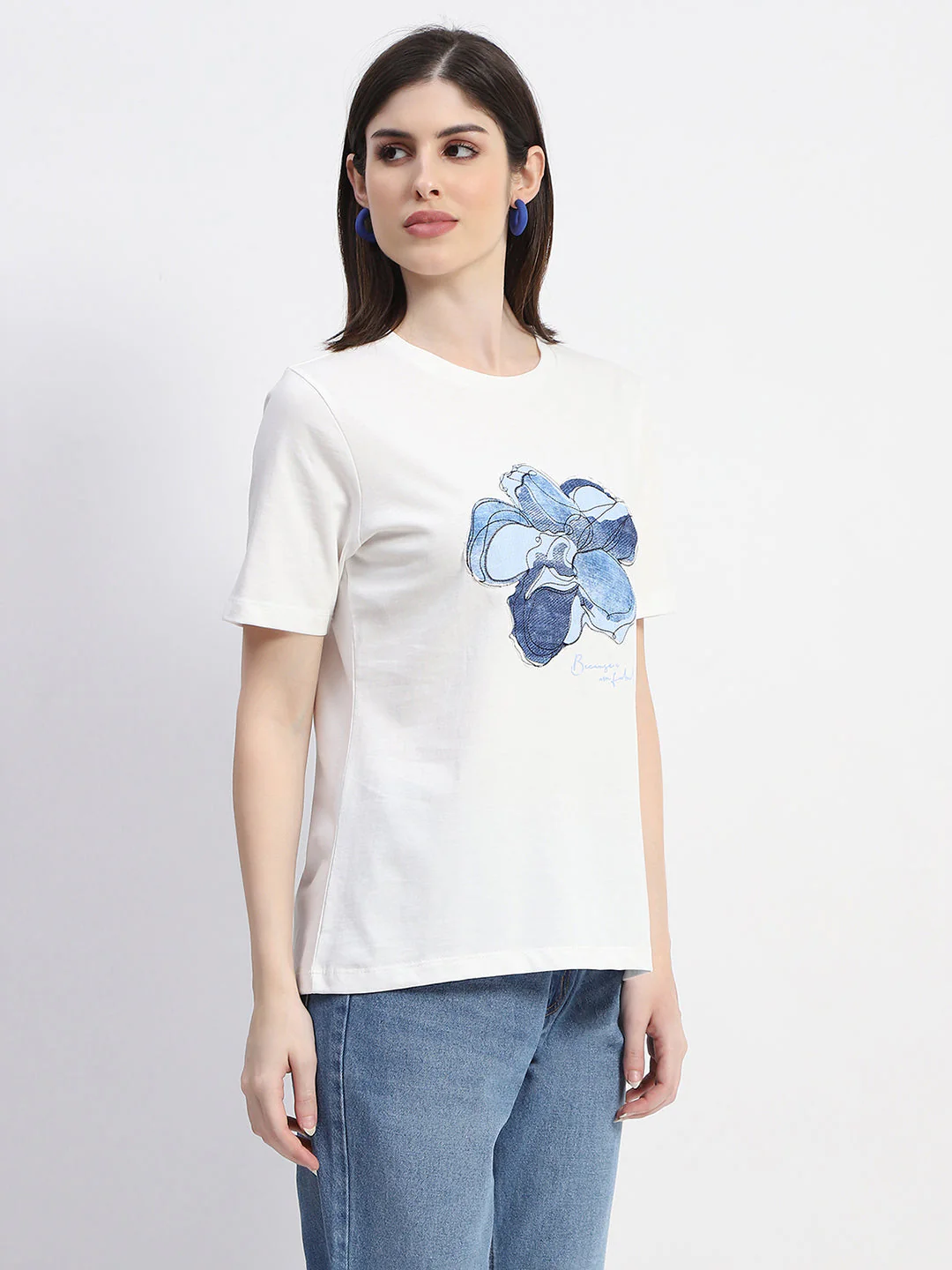 Madame Graphic Print Crew Necked White Cotton T-Shirt - Image 3