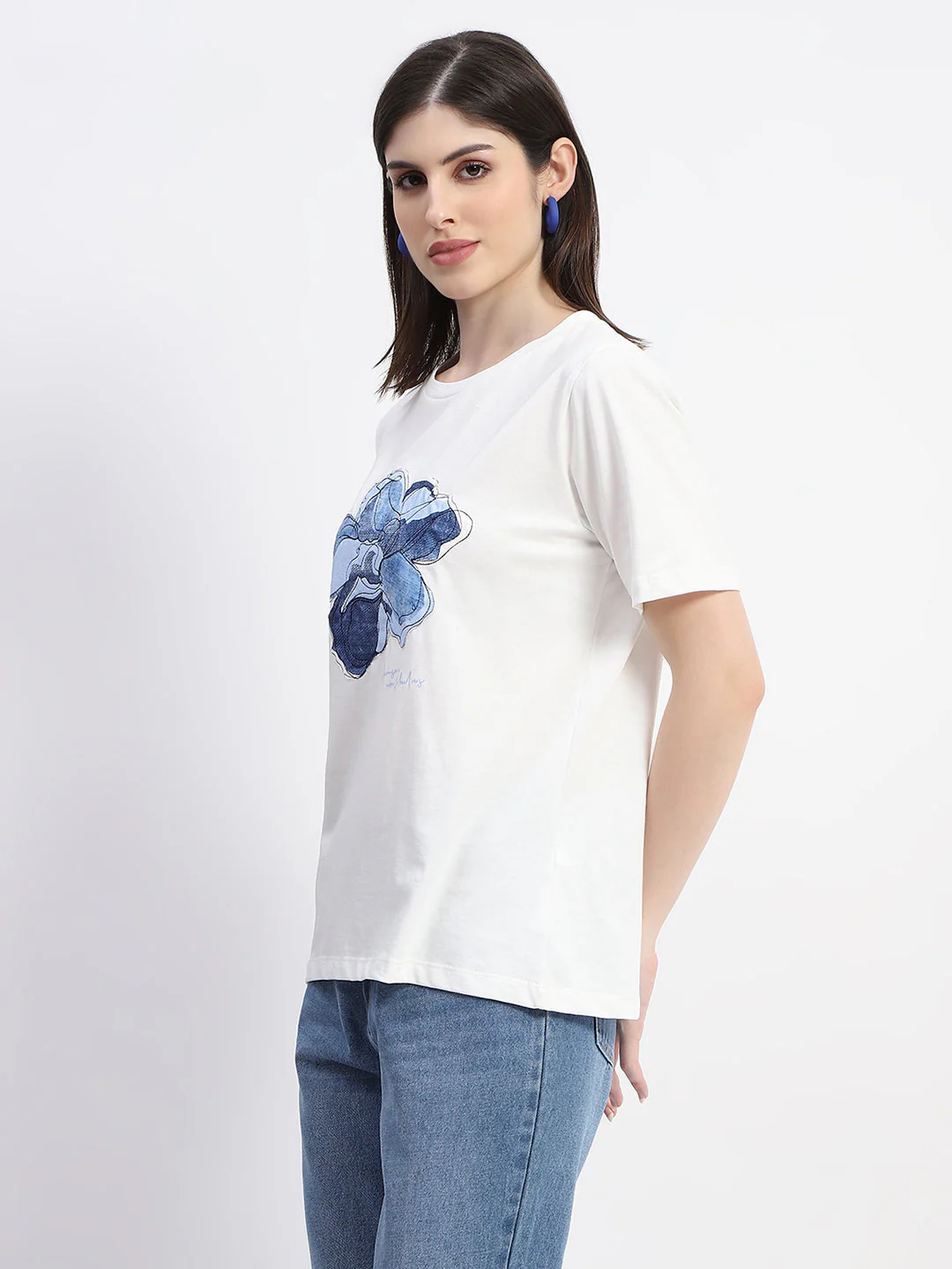 Madame Graphic Print Crew Necked White Cotton T-Shirt - Image 4