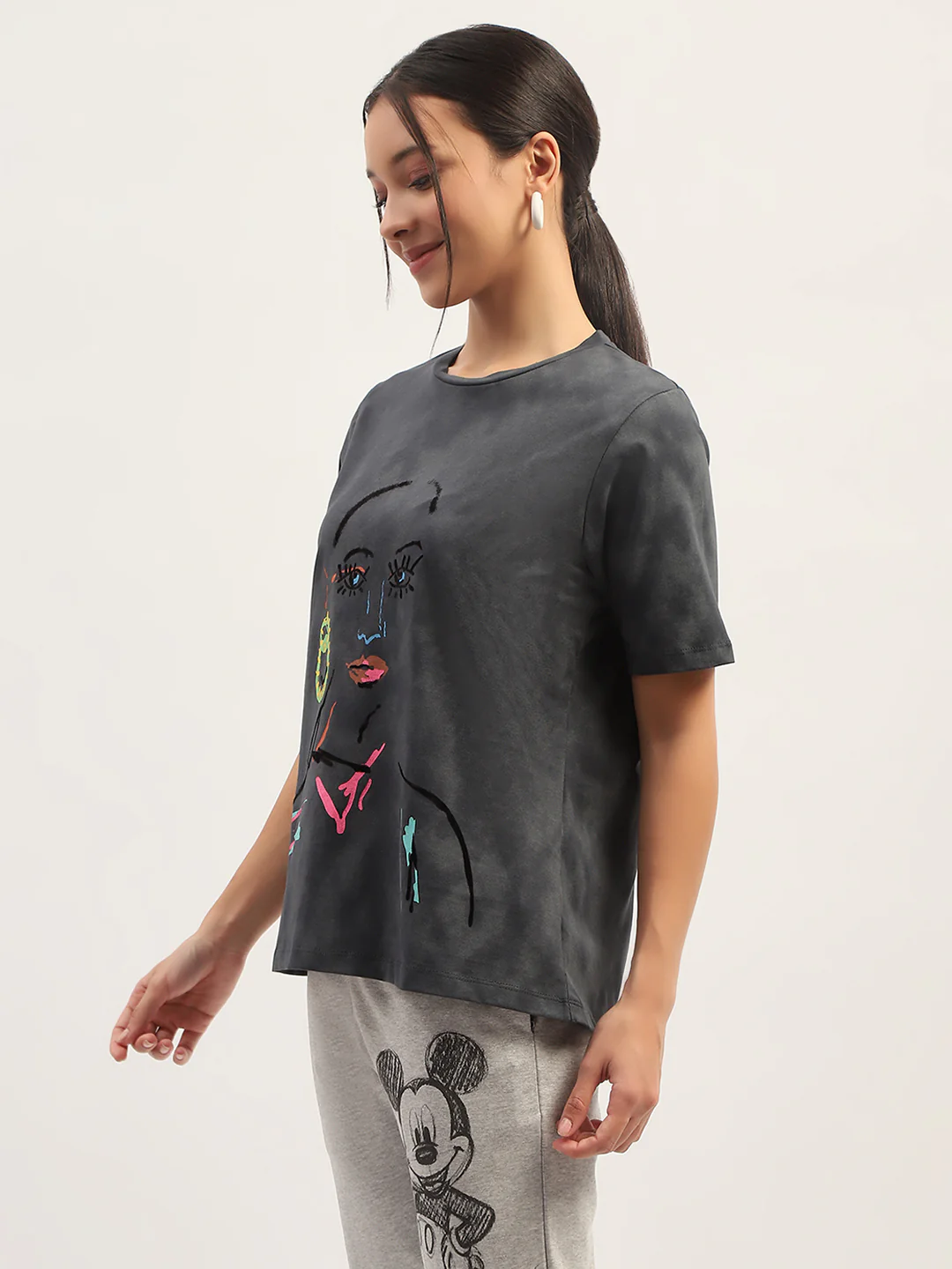 Madame Printed Charcoal Cotton T-Shirt - Image 5