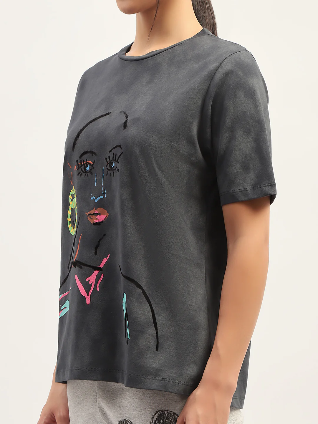 Madame Printed Charcoal Cotton T-Shirt - Image 7