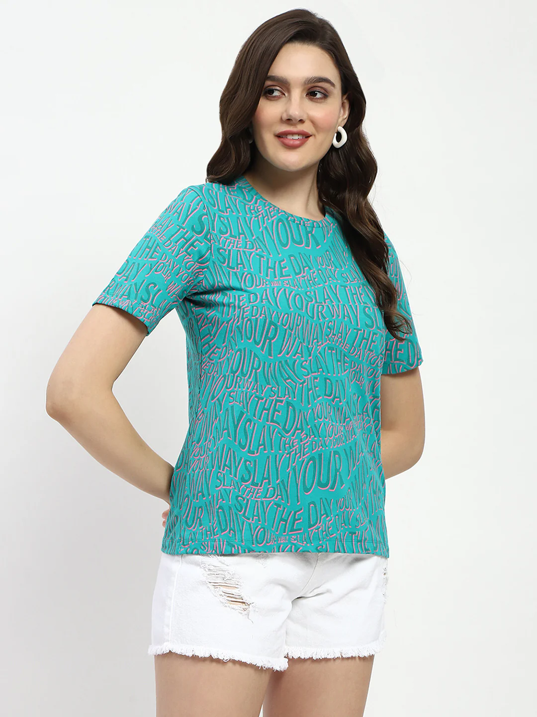 Madame Typographic Print Sea Green Cotton T-Shirt - Image 4