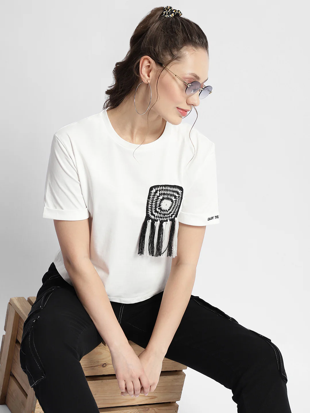 Madame Applique Pocket White Coloured T-Shirt