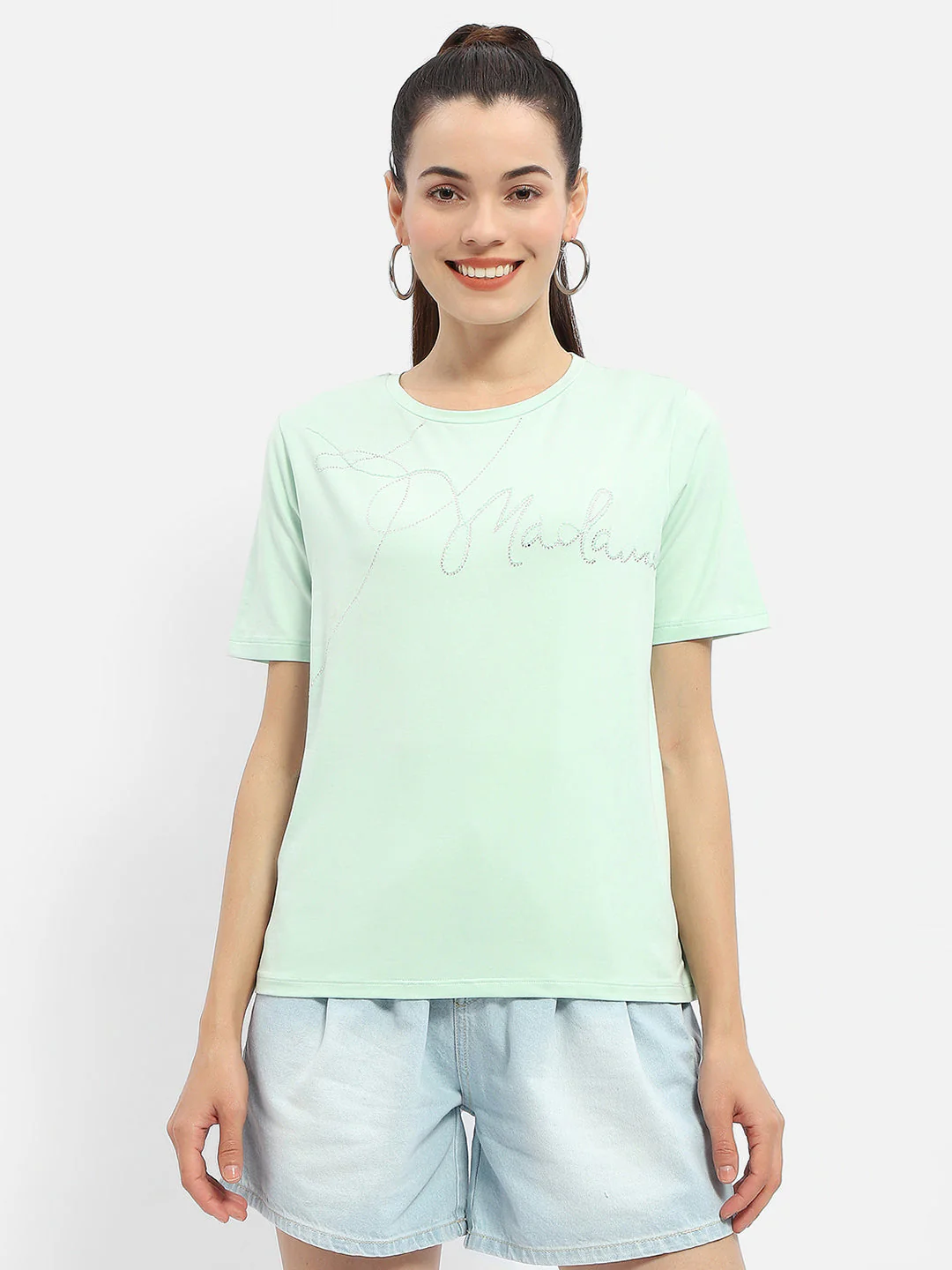 Madame Embellished Typography Mint Regular T-Shirt - Image 2