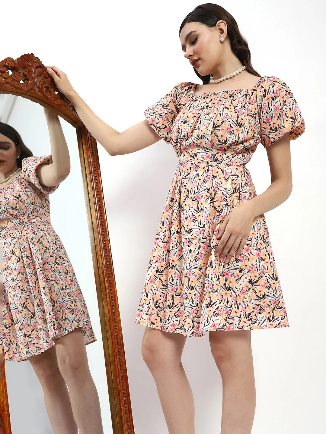 Madame Cotton Floral Print Off Shoulder Orange Mini Dress - Image 2