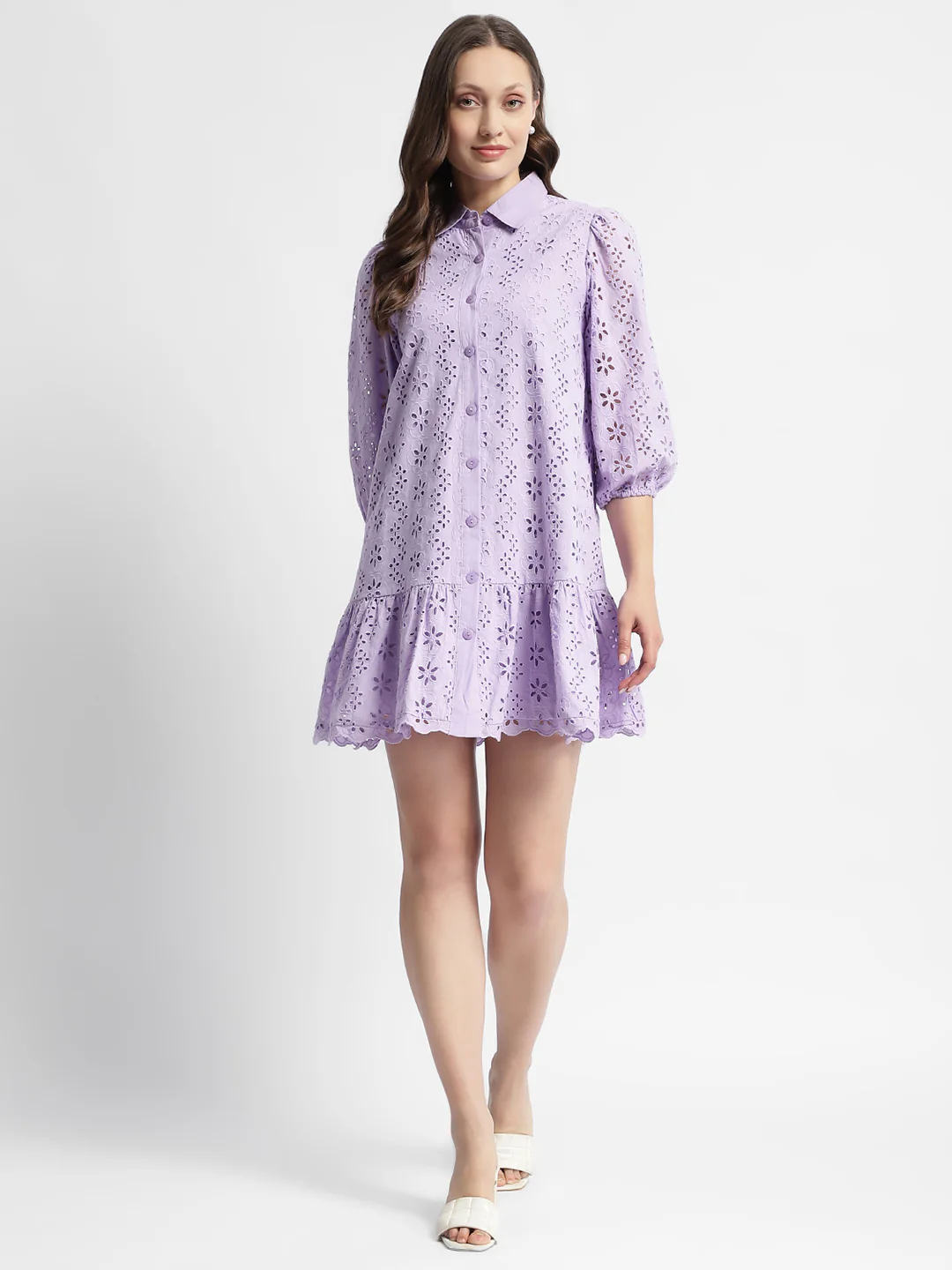 Madame Lilac Flared Hem Schiffli Mini Dress - Image 3