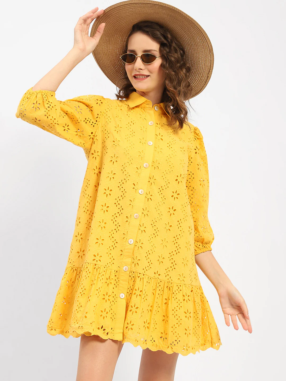 Madame Schiffli Mustard Yellow Tiered Shirt Dress - Image 2