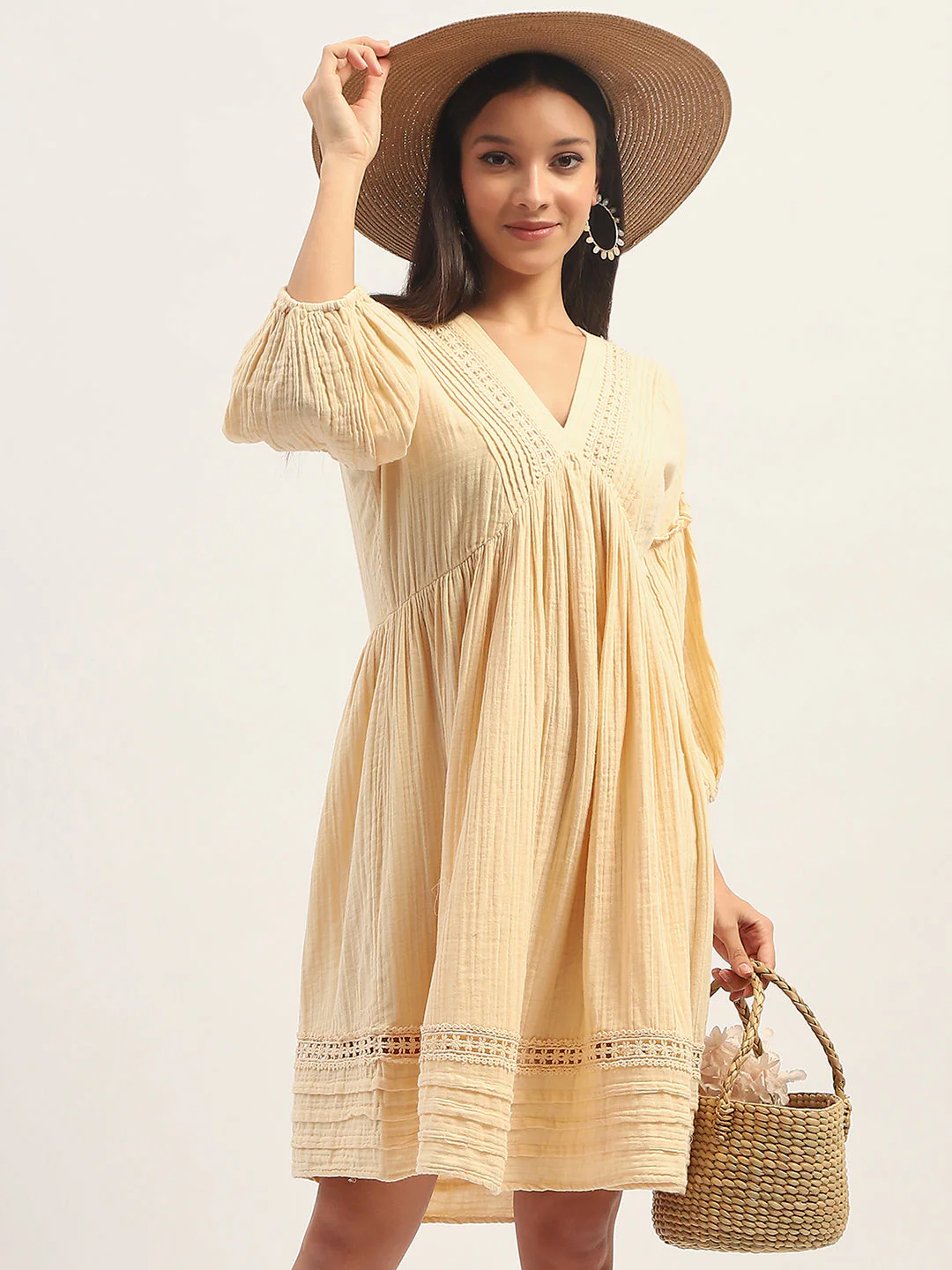 Madame Puff Sleeve Fit And Flare Cotton Beige Midi Dress - Image 2