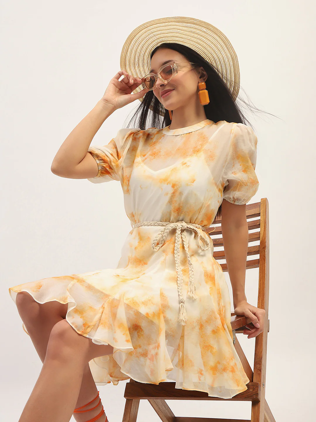 Madame Tie Dye Belted Orange Rayon Blend Mini Dress - Image 2