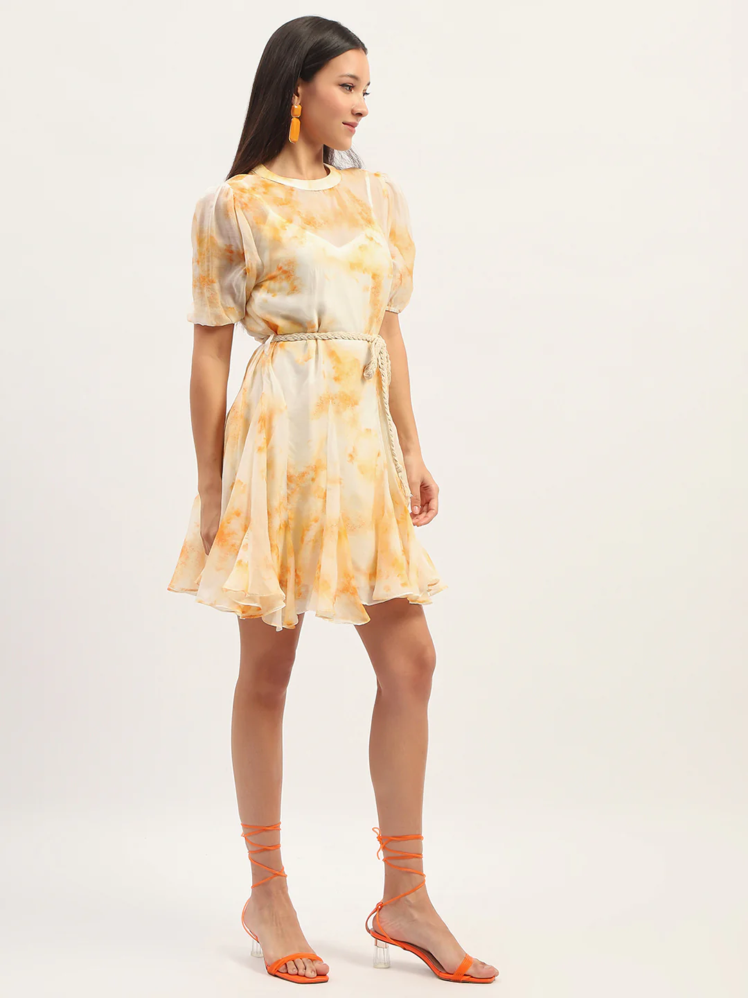 Madame Tie Dye Belted Orange Rayon Blend Mini Dress - Image 4