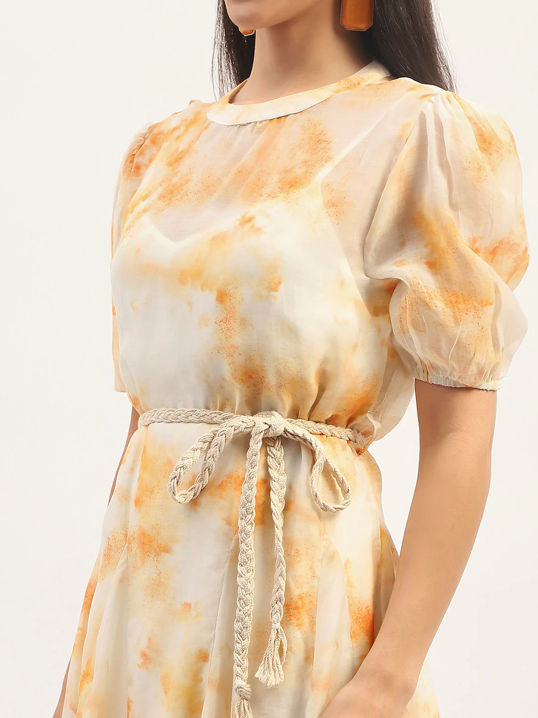 Madame Tie Dye Belted Orange Rayon Blend Mini Dress - Image 7