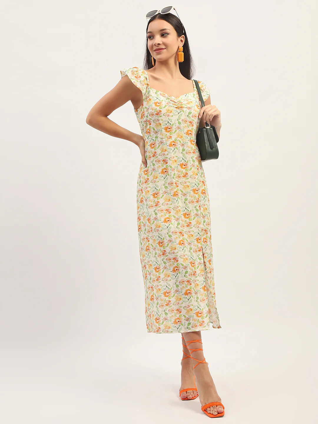 Madame Printed Front Slit Fit And Flare Ivory Dress