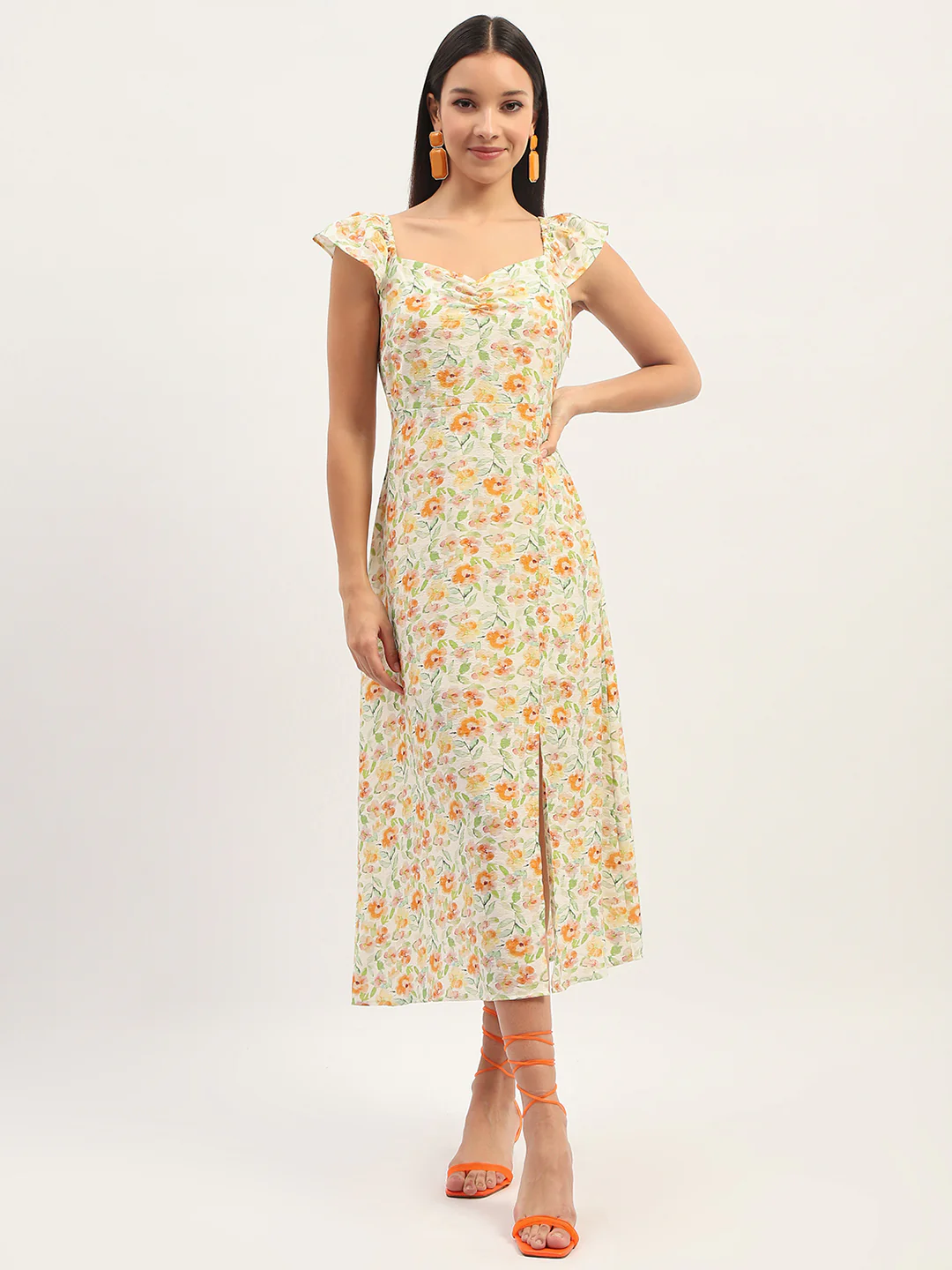 Madame Printed Front Slit Fit And Flare Ivory Dress - Image 3