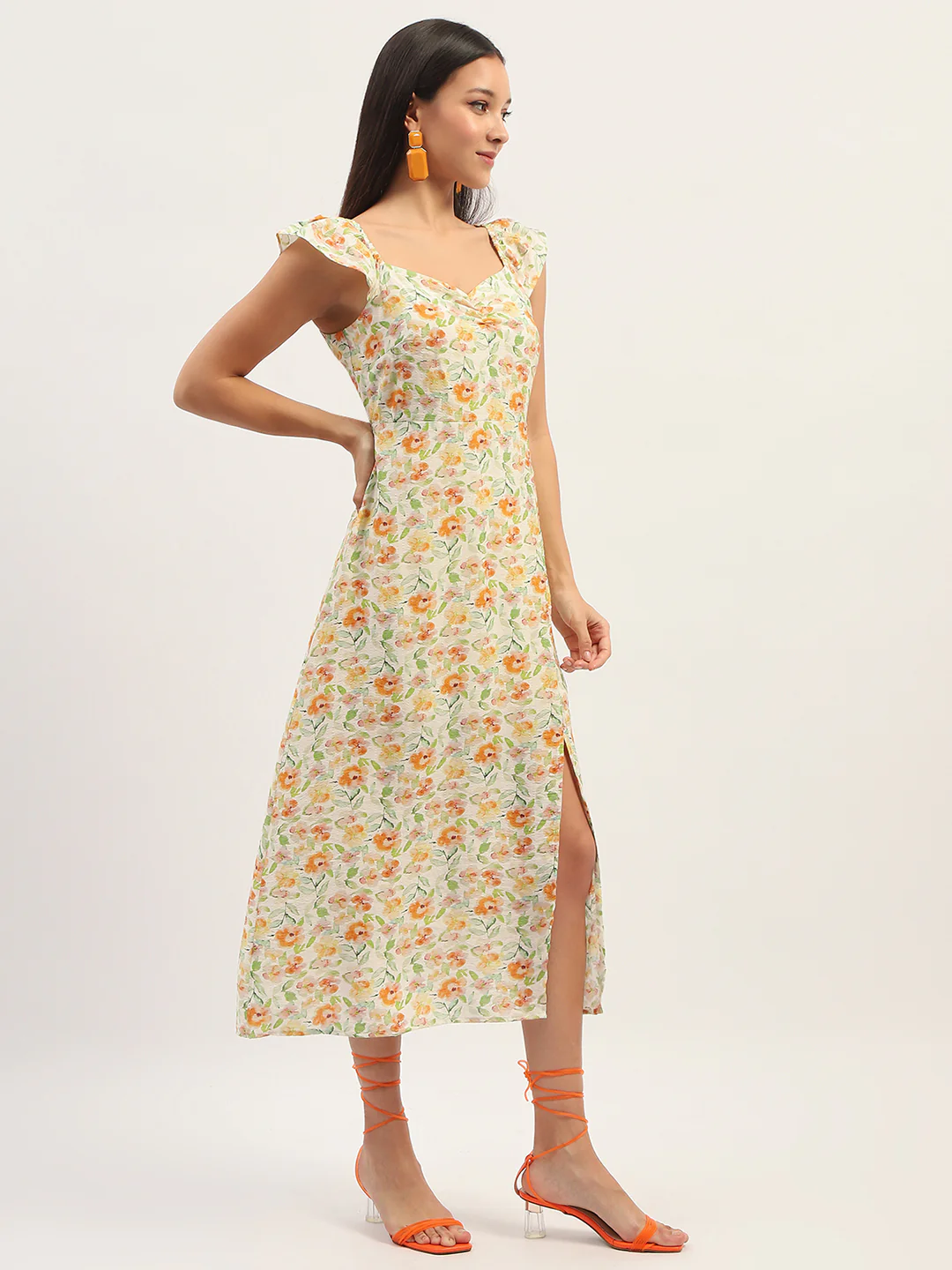 Madame Printed Front Slit Fit And Flare Ivory Dress - Image 4