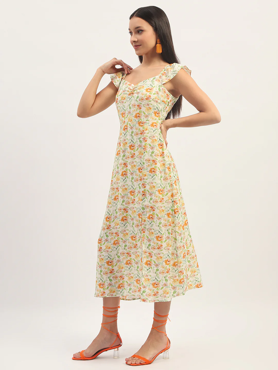 Madame Printed Front Slit Fit And Flare Ivory Dress - Image 5