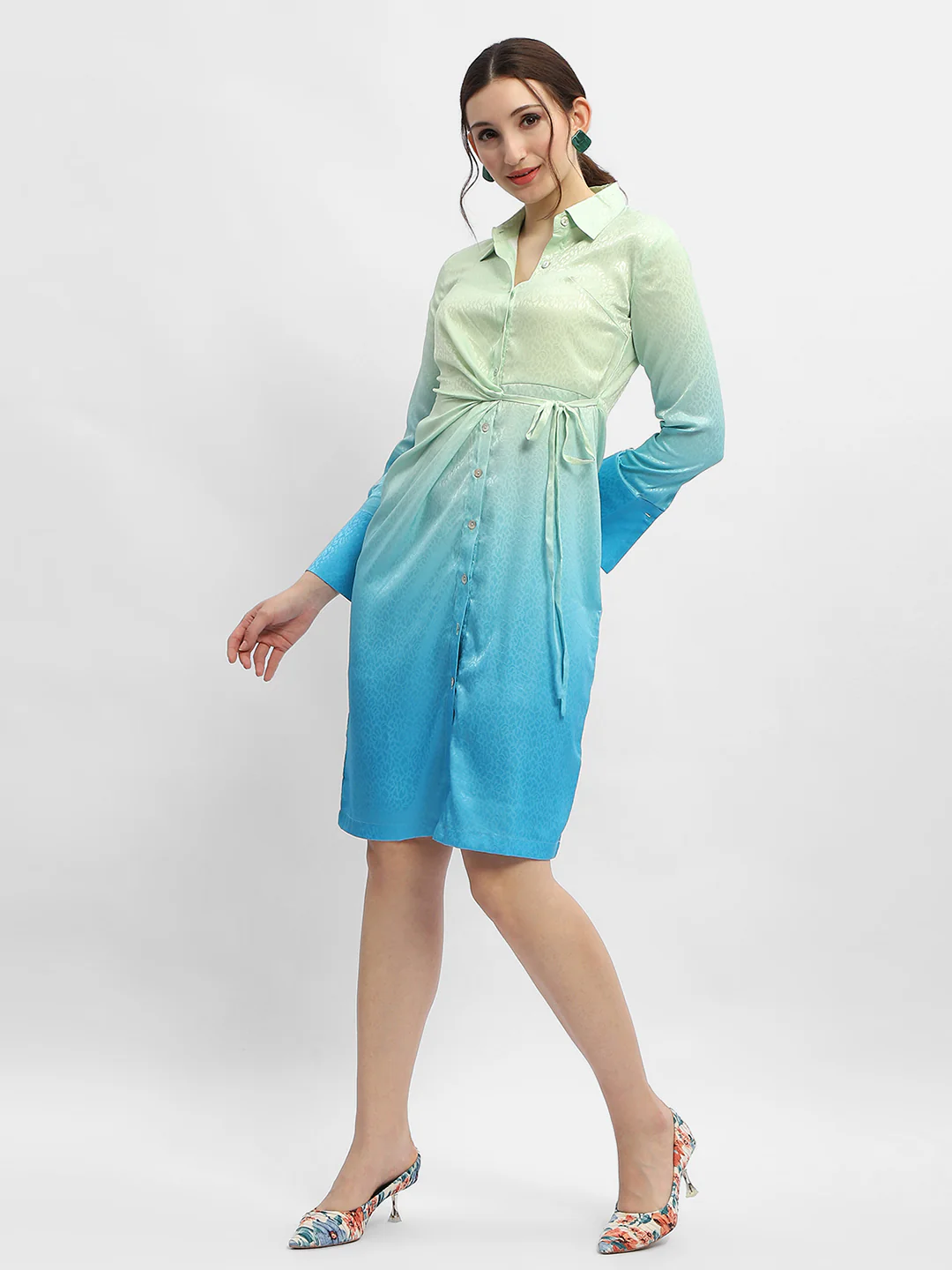 Madame Ombre Effect Sky Blue Tie-Waist Shirt Dress - Image 2