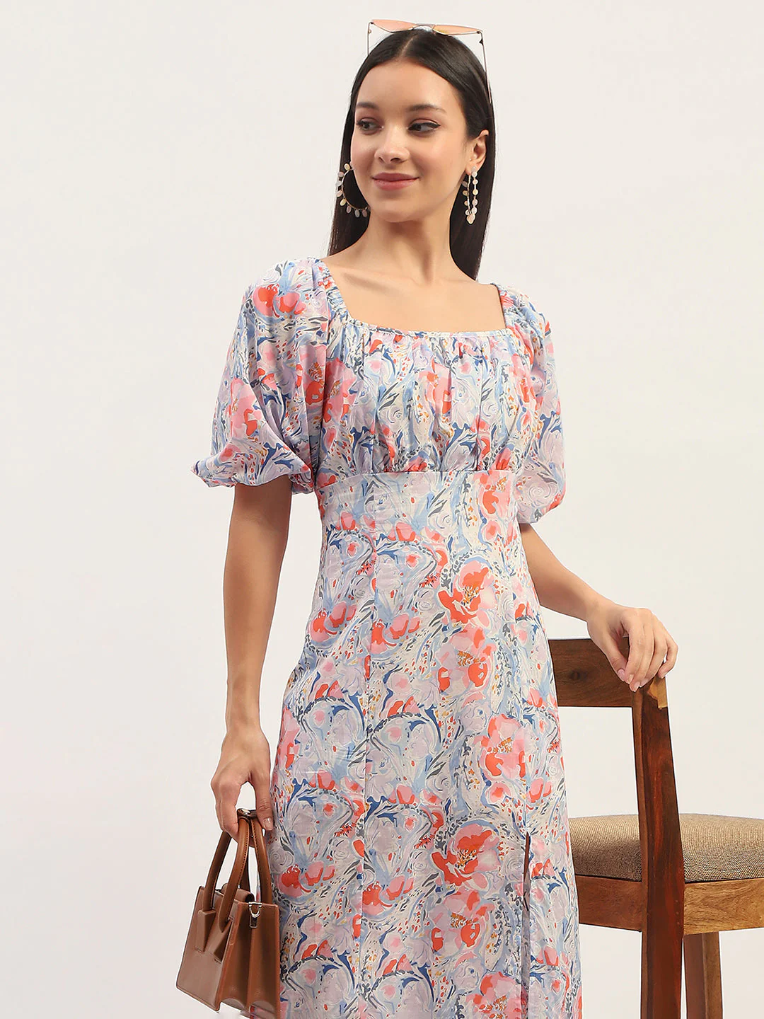 Madame Printed Fit And Flare Blue Cotton Maxi Dress - Image 2