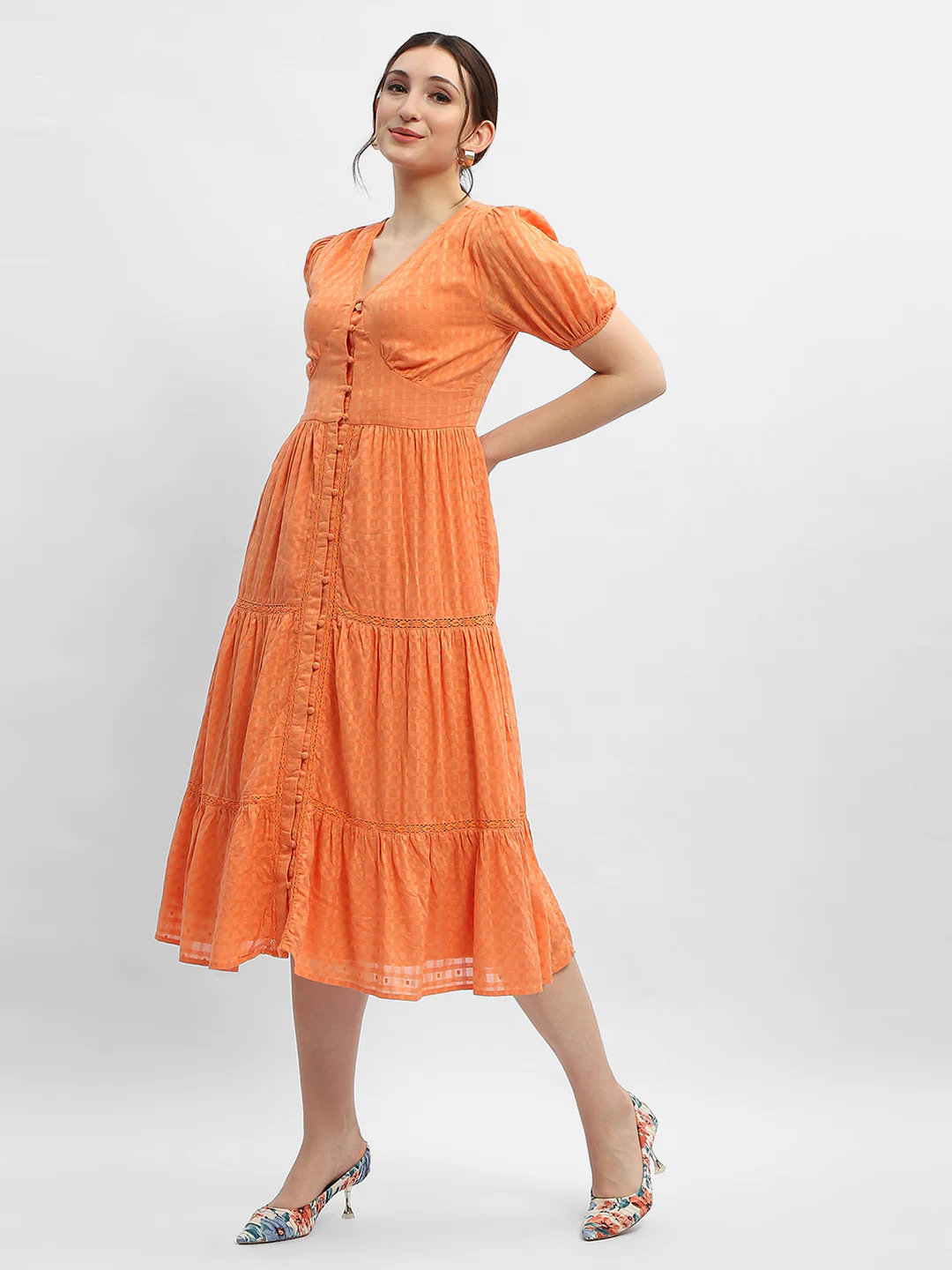 Madame V-Neck Orange Tiered Maxi Dress - Image 4