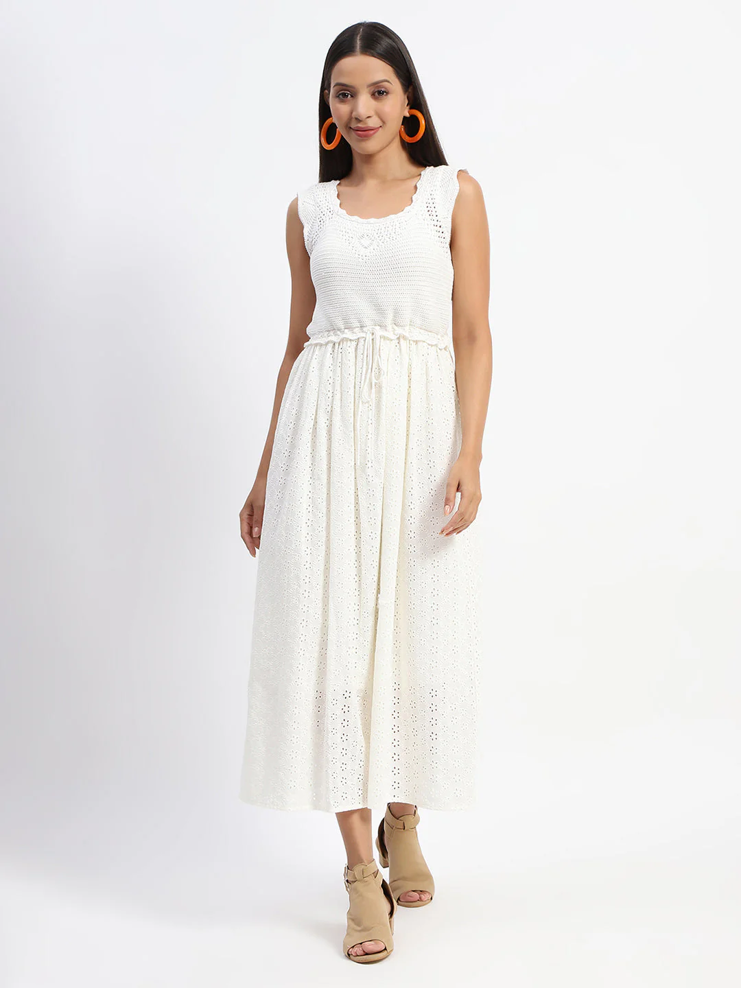 Madame Crochet Tie Waist Beige Maxi Dress - Image 3