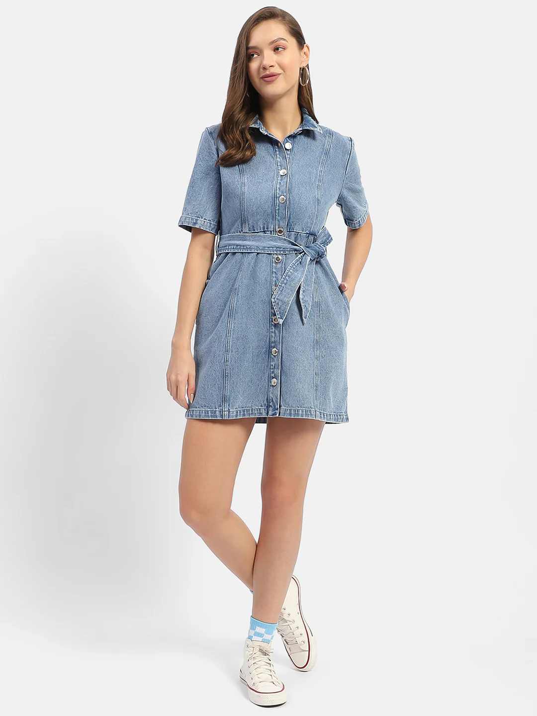 Madame Belted Waist Mid Blue Denim Shirt Dress - Image 3