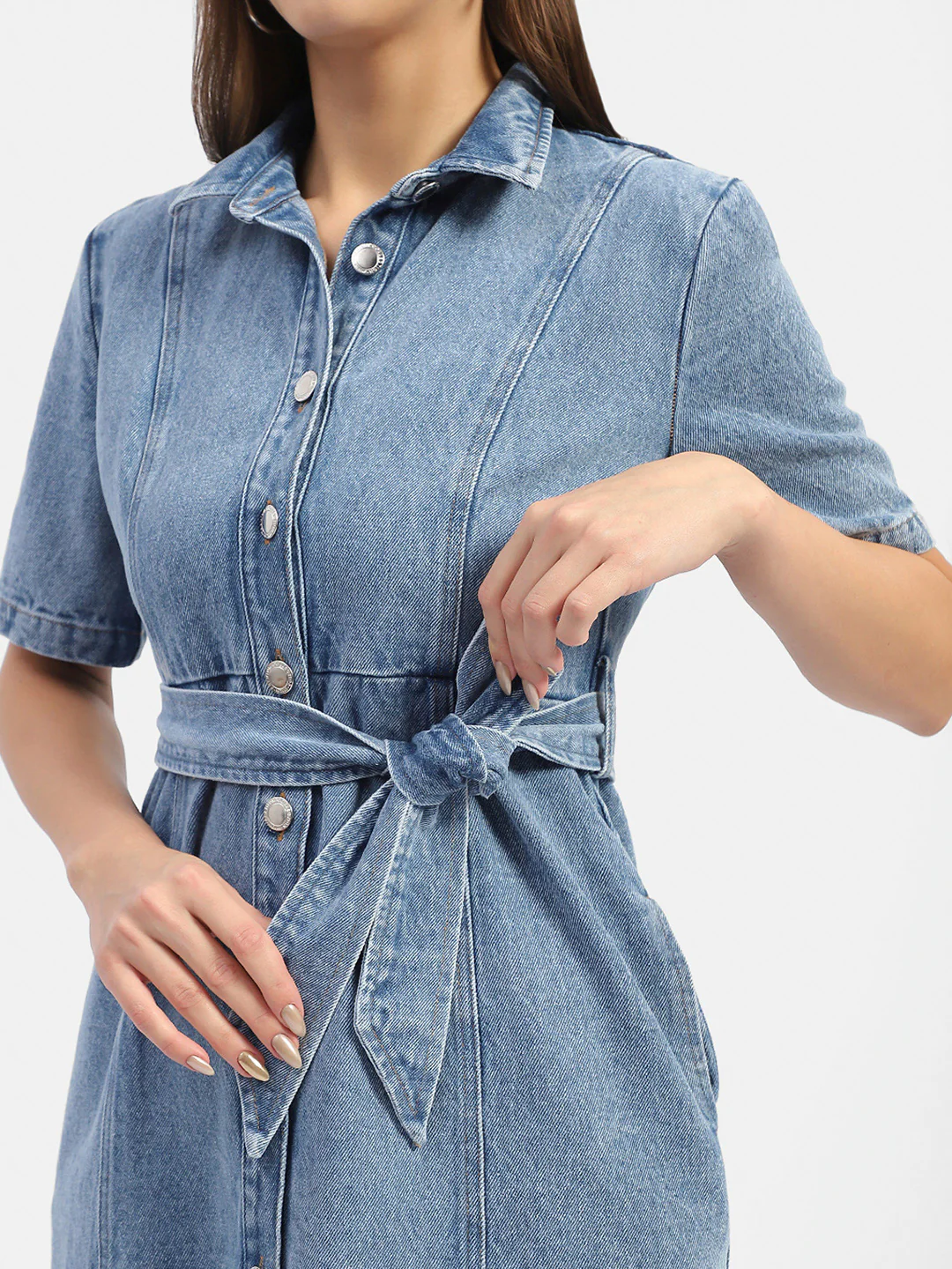 Madame Belted Waist Mid Blue Denim Shirt Dress - Image 7