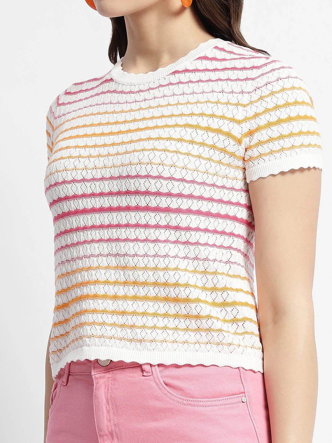 Madame Striped Crew Neck Knitted Off White Top - Image 2