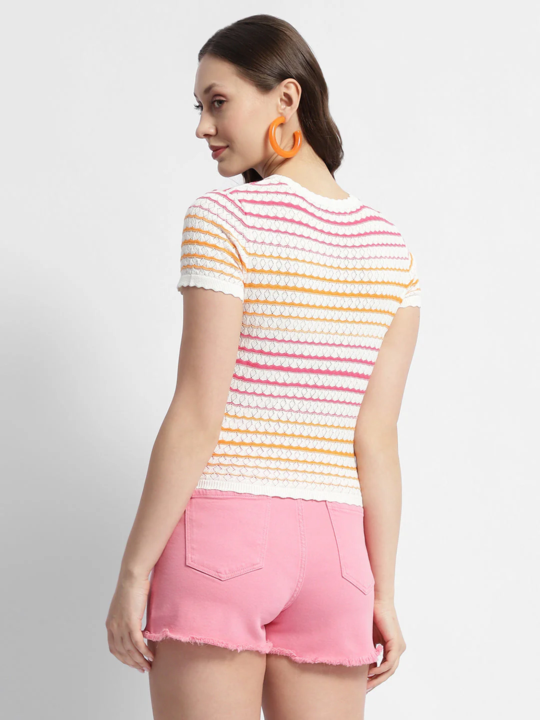 Madame Striped Crew Neck Knitted Off White Top - Image 3