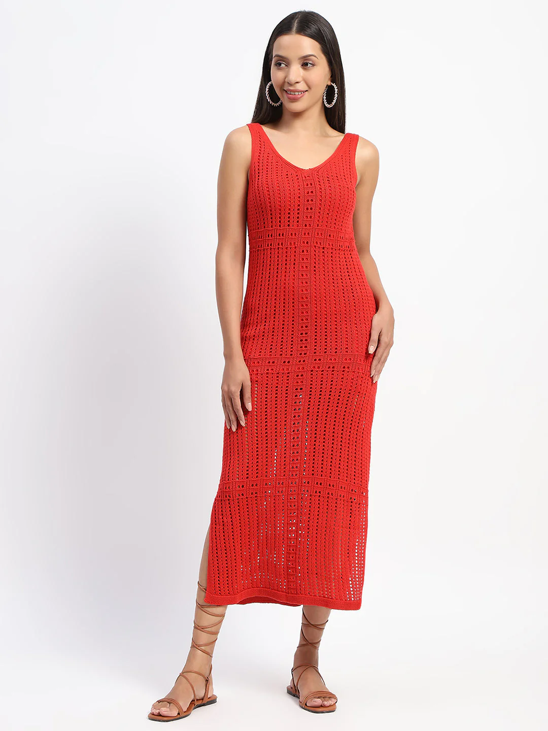 Madame V Neck Crochet Red Cotton Knitted Dress - Image 3