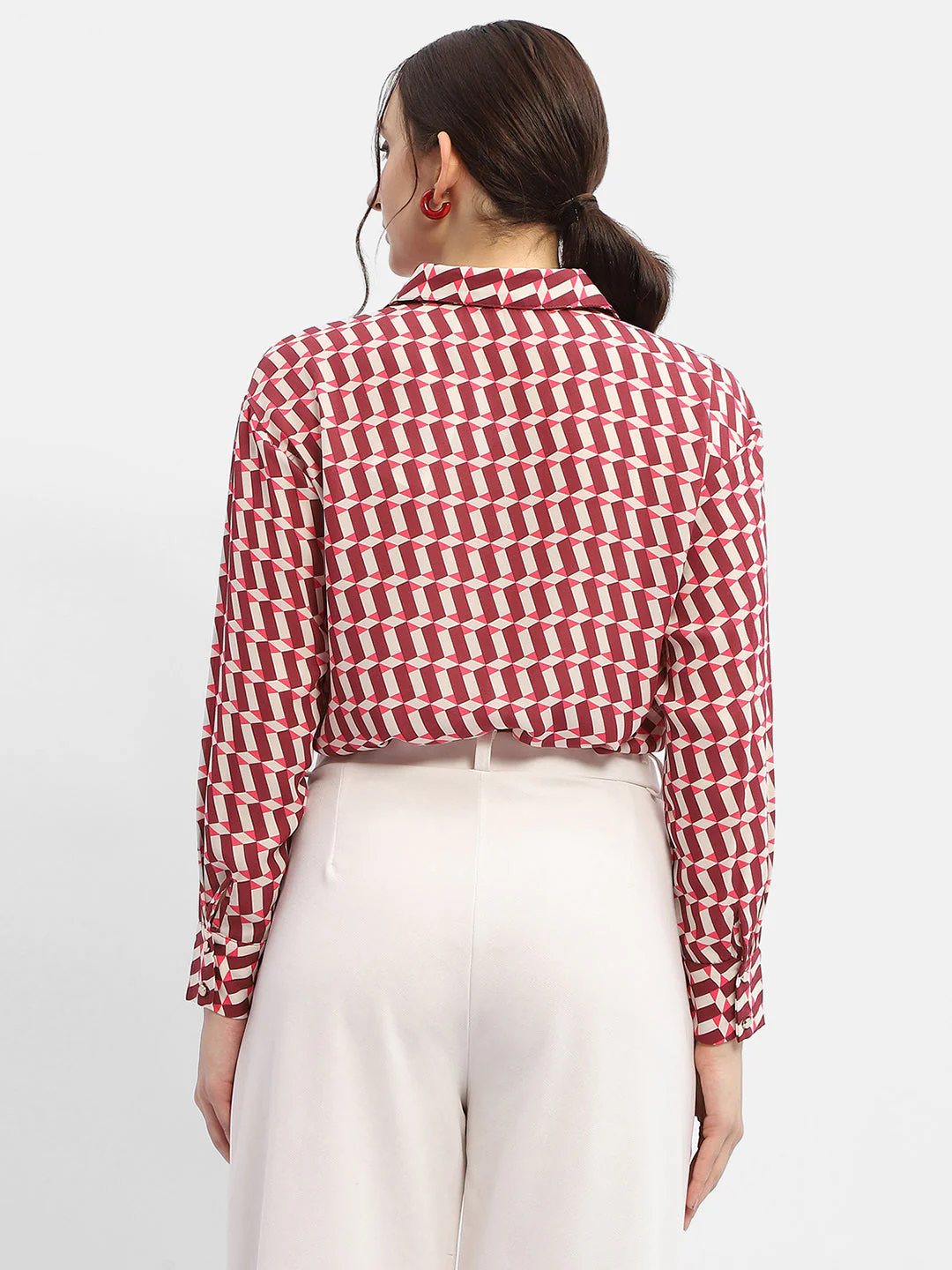 Madame Geometric Print Maroon Crop Shirt - Image 5