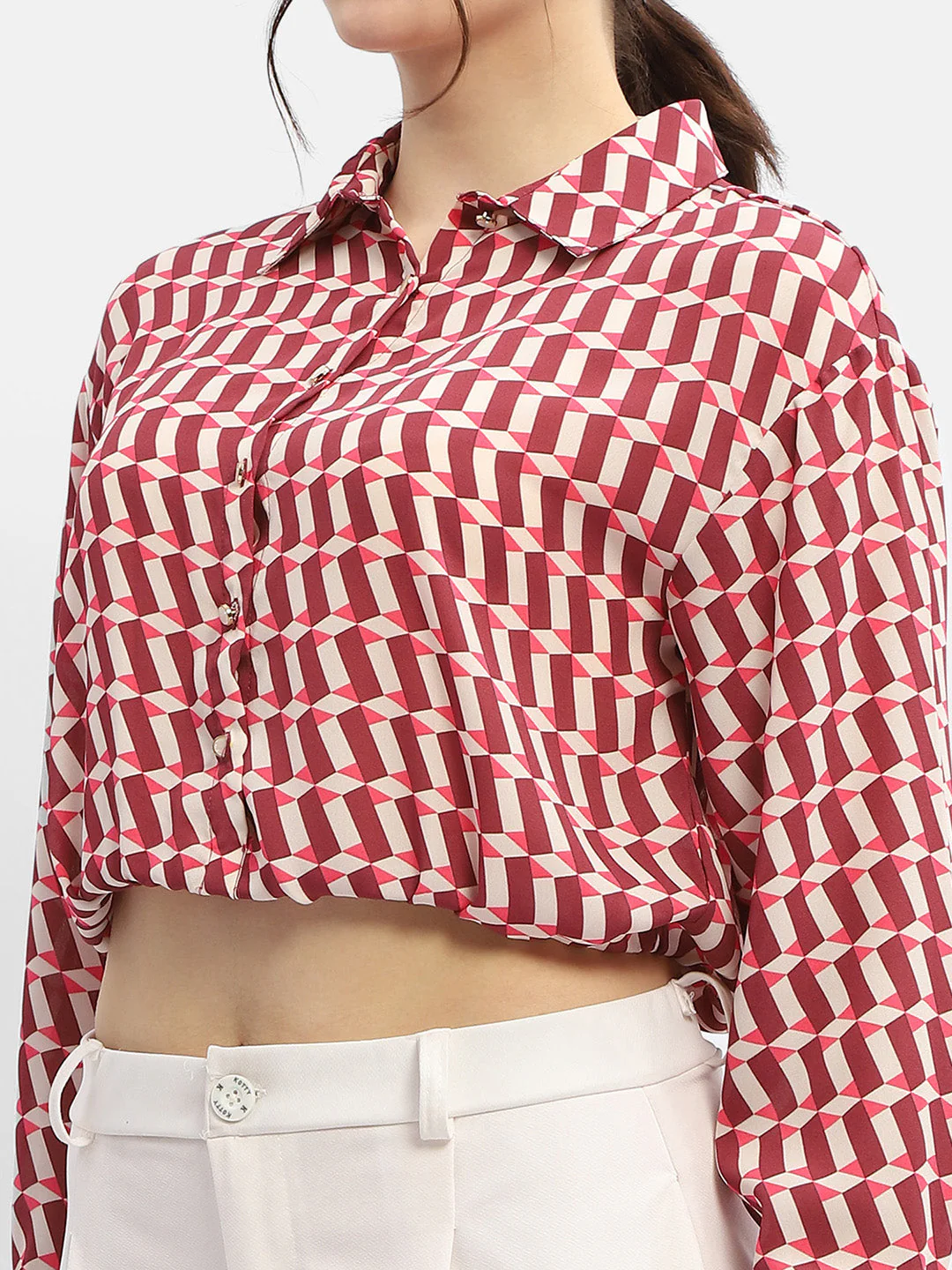 Madame Geometric Print Maroon Crop Shirt - Image 6