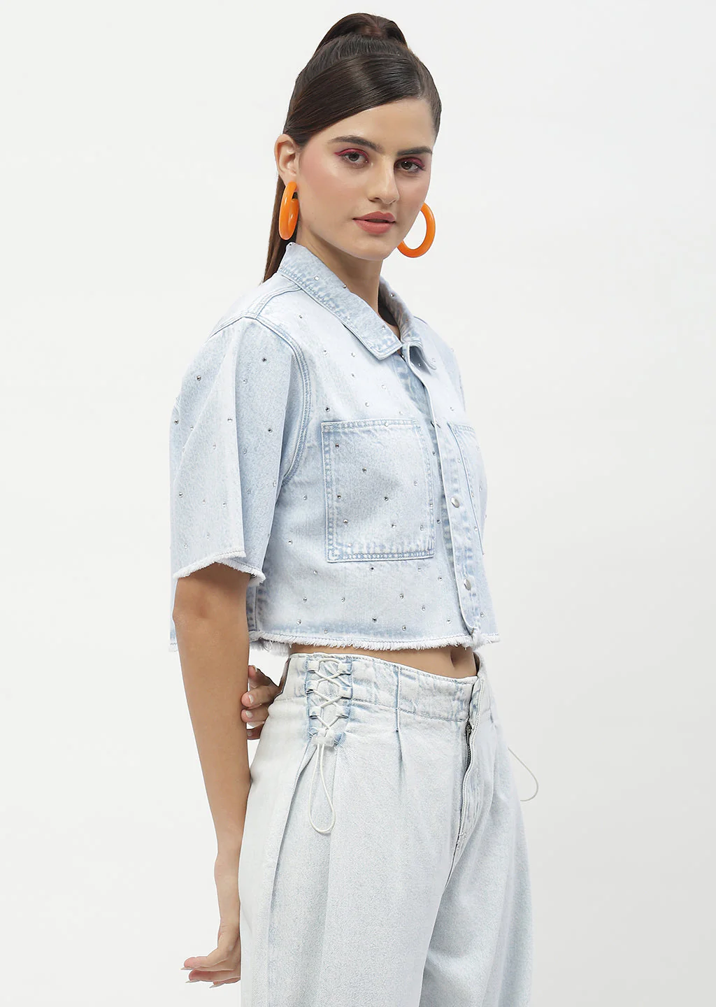Madame Embellished Ice Blue Denim Crop Shirt
