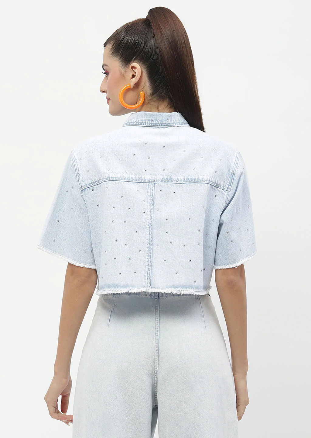 Madame Embellished Ice Blue Denim Crop Shirt - Image 3