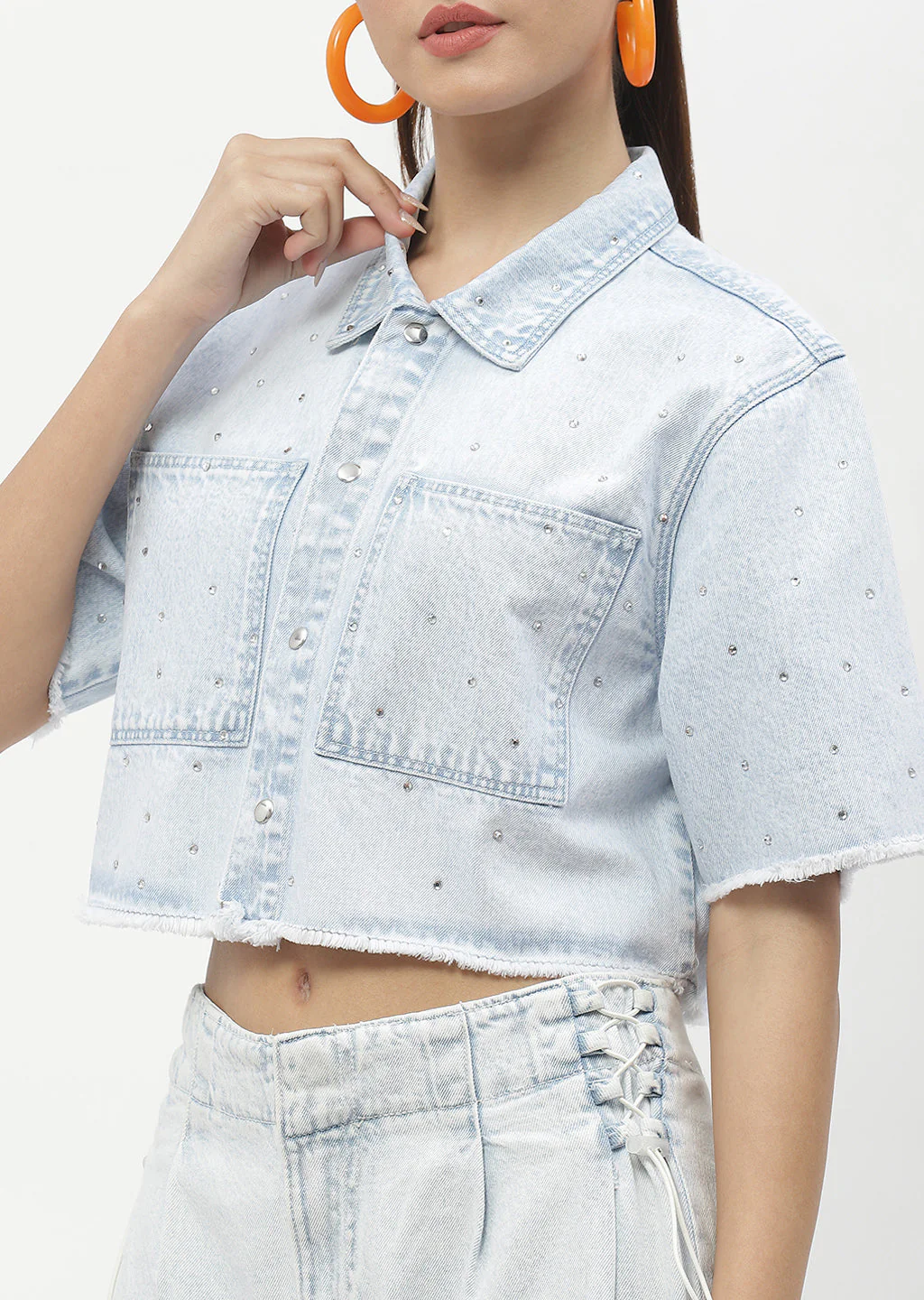 Madame Embellished Ice Blue Denim Crop Shirt - Image 4