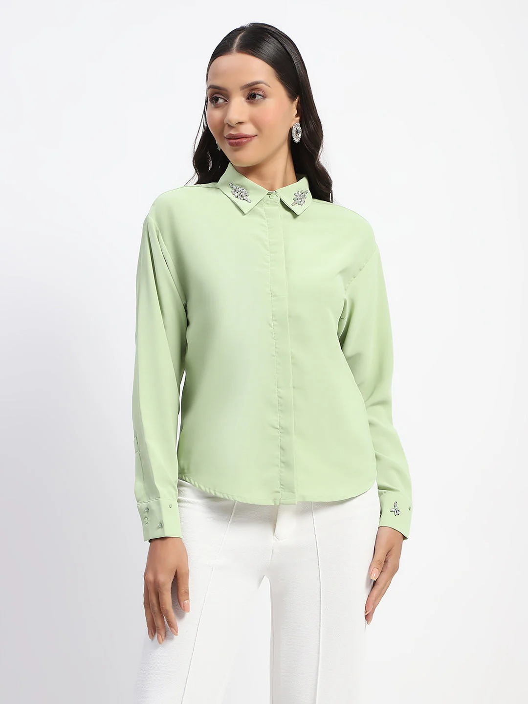 Madame Collar And Sleeve Embellished Green Shirt - Image 2