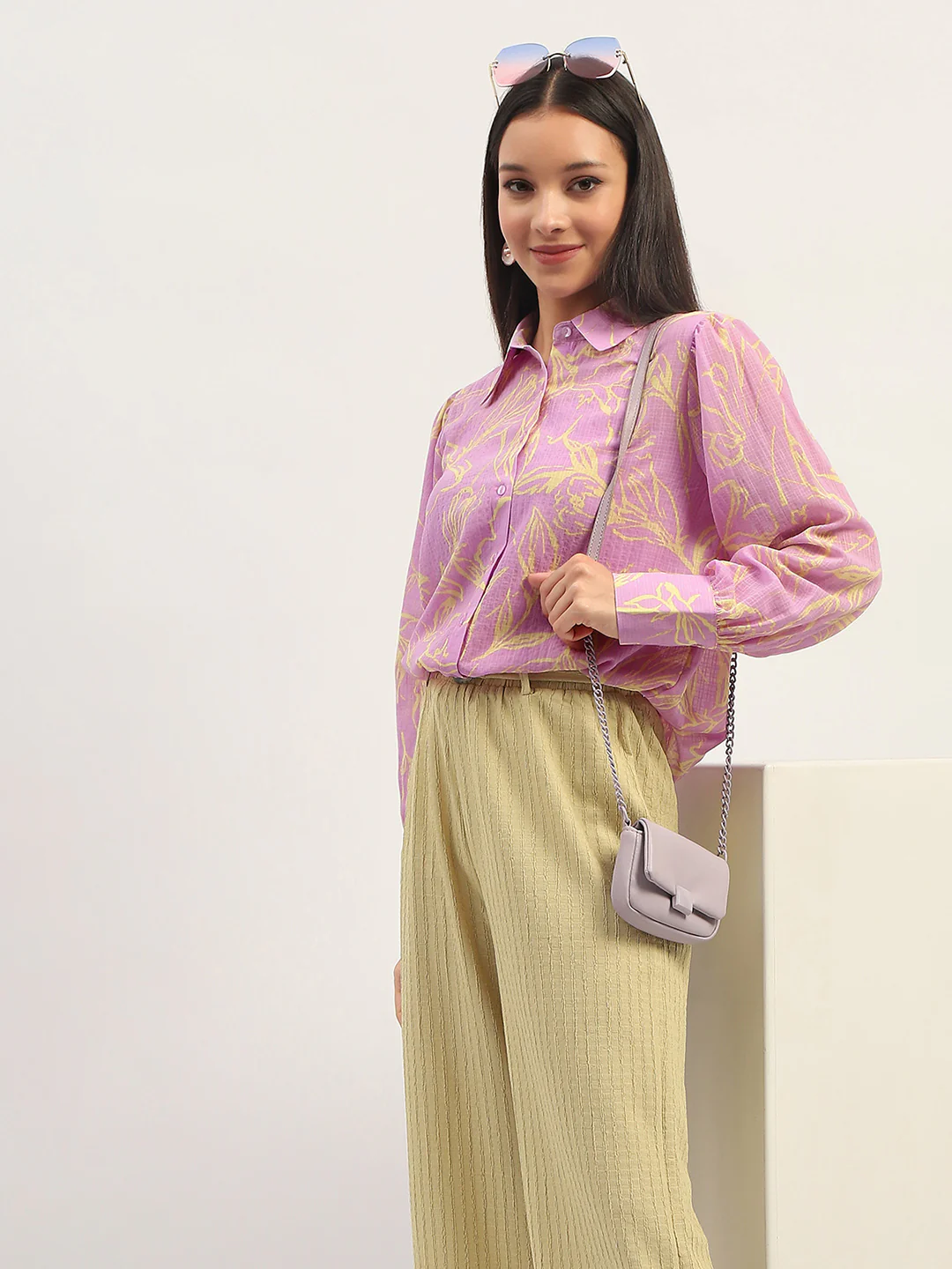 Madame Floral Print Bishop Sleeve Lilac Shirt - Image 2