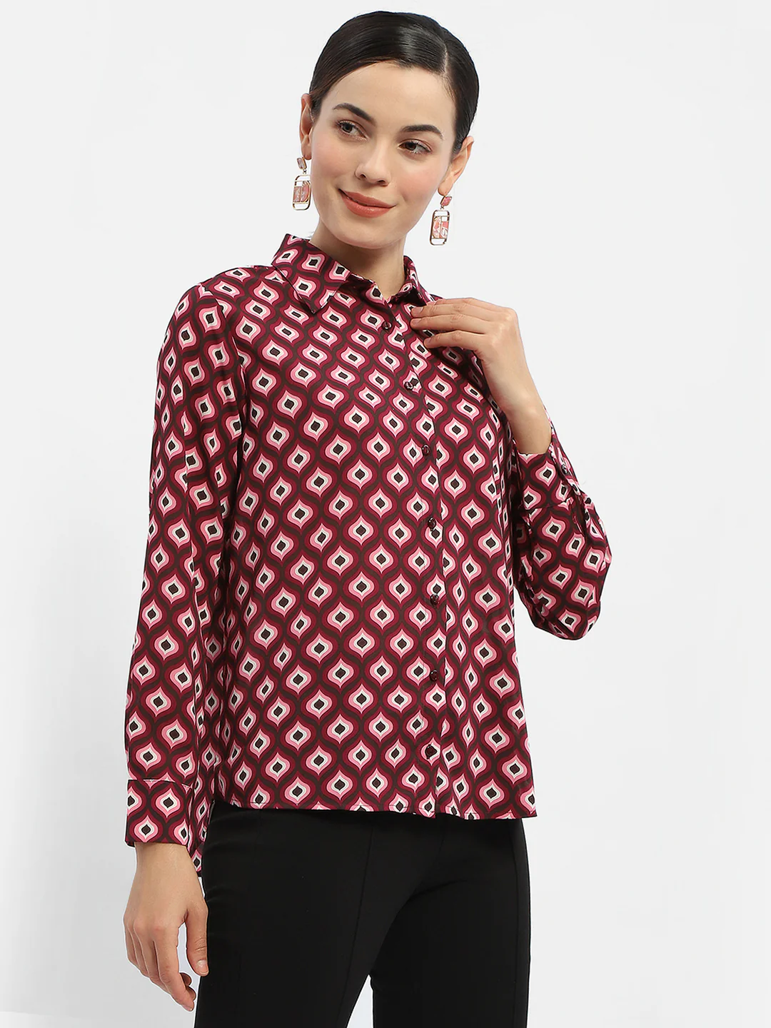 Madame Geometric Print Maroon Regular Shirt - Image 3