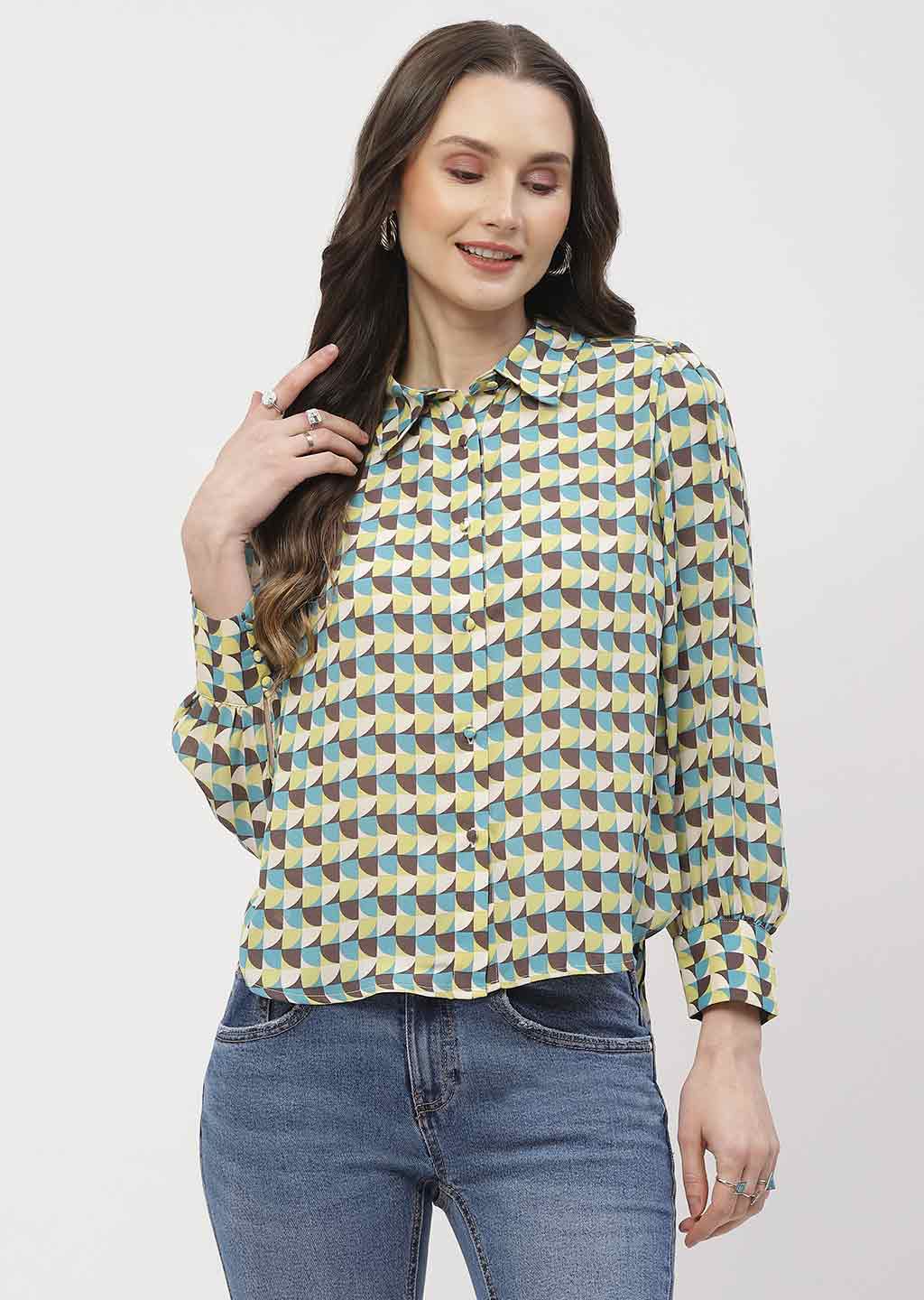 Madame Geometric Print Apple Green Regular Shirt - Image 2