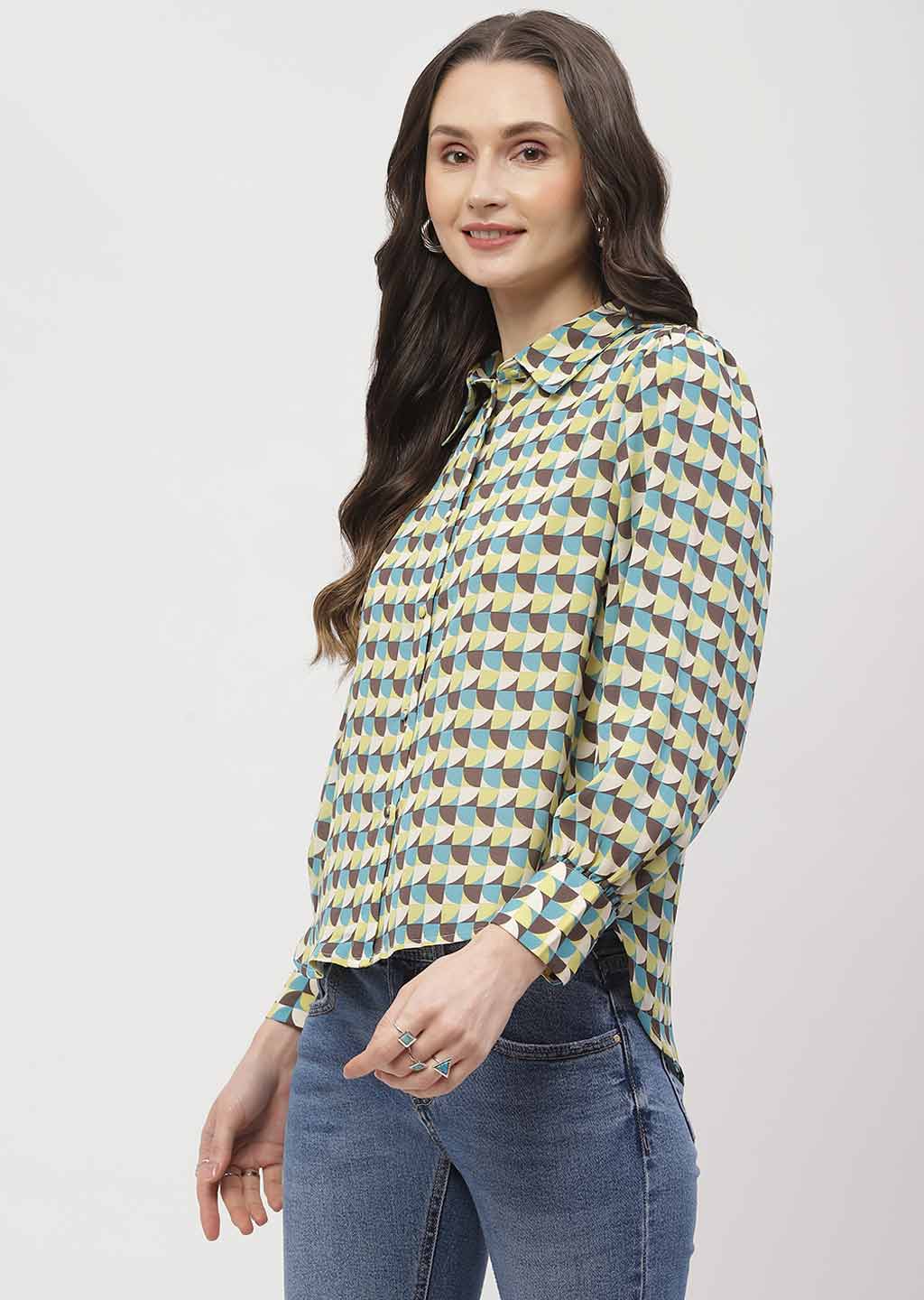 Madame Geometric Print Apple Green Regular Shirt - Image 3