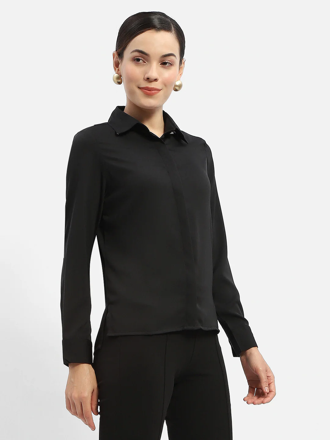Madame Solid Black Regular Shirt - Image 3