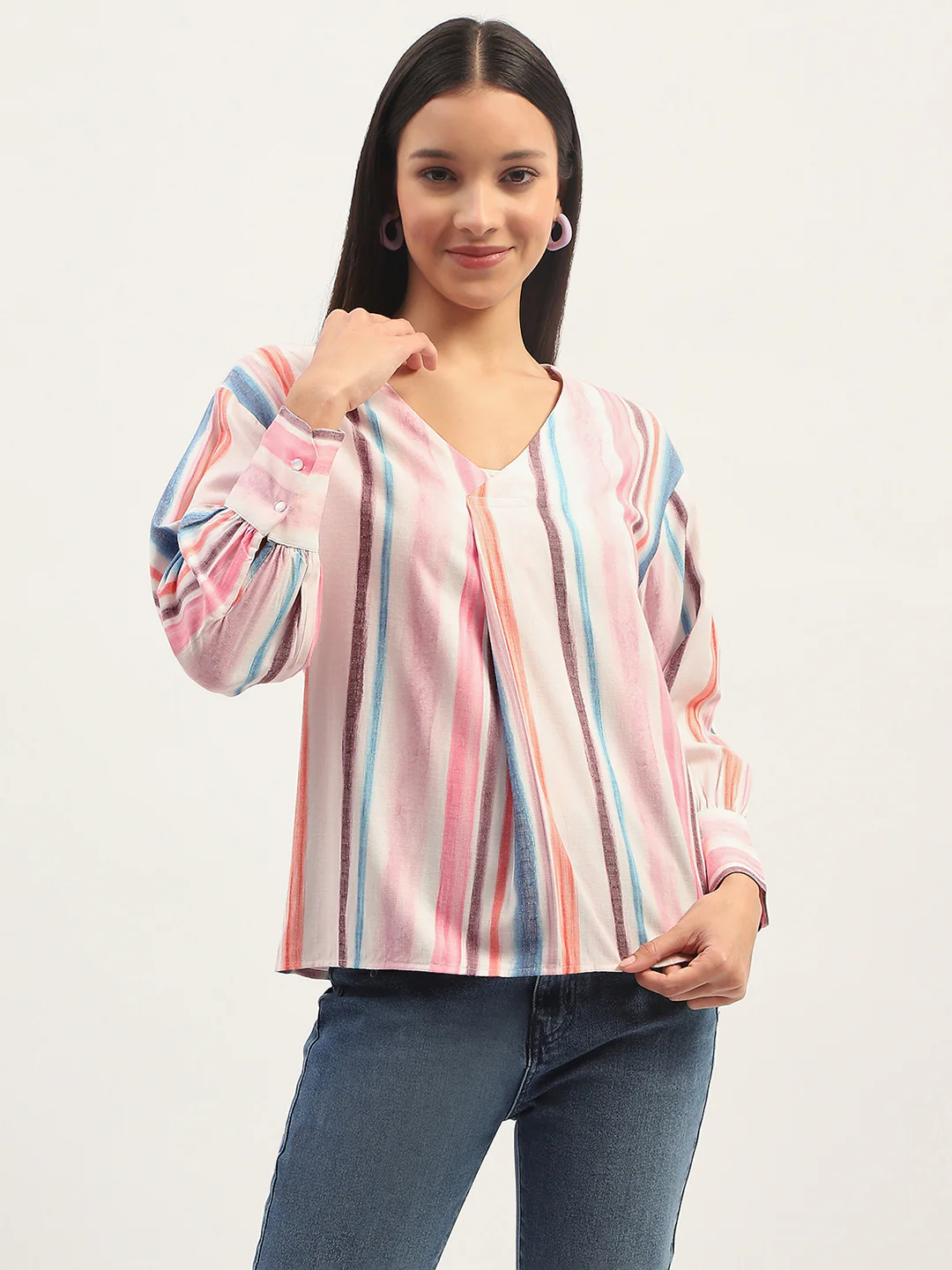 Madame Multicolor Striped V Neck Top - Image 3