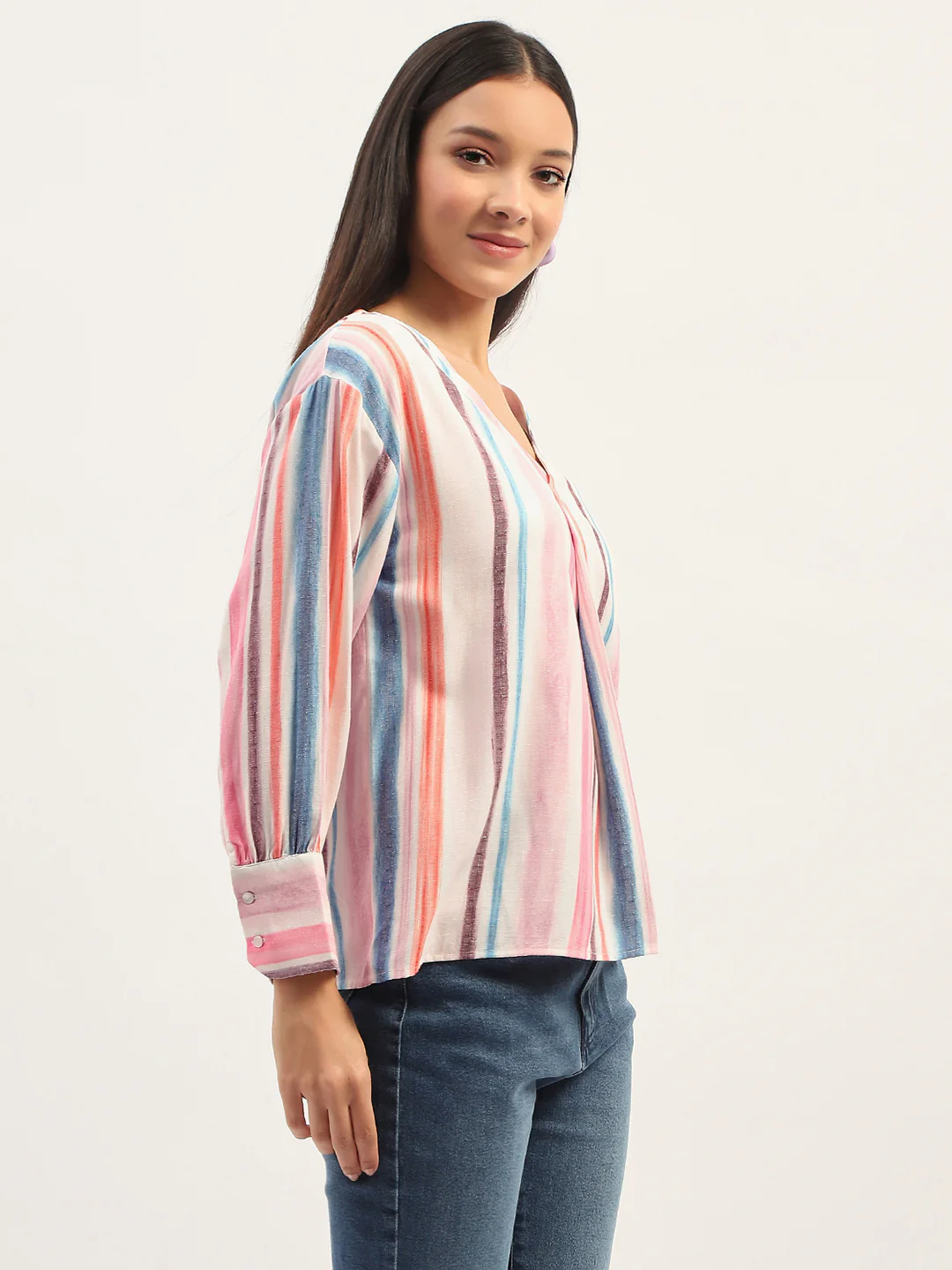Madame Multicolor Striped V Neck Top - Image 4