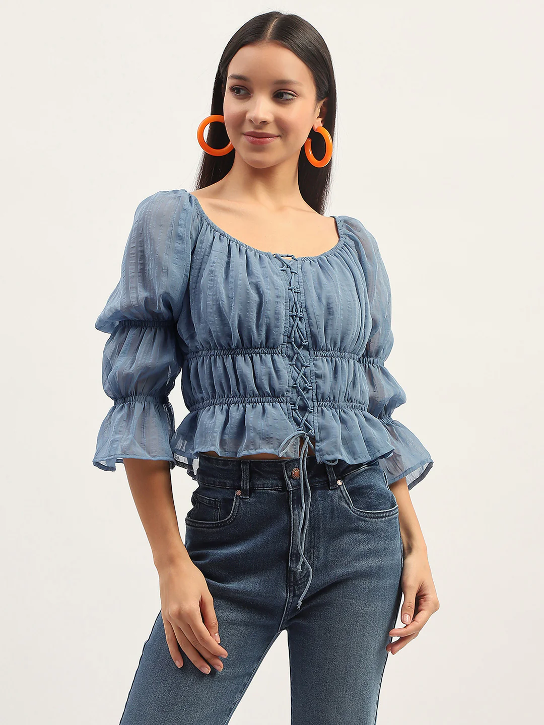 Madame Ruched Detailing Blue Peplum Top - Image 3